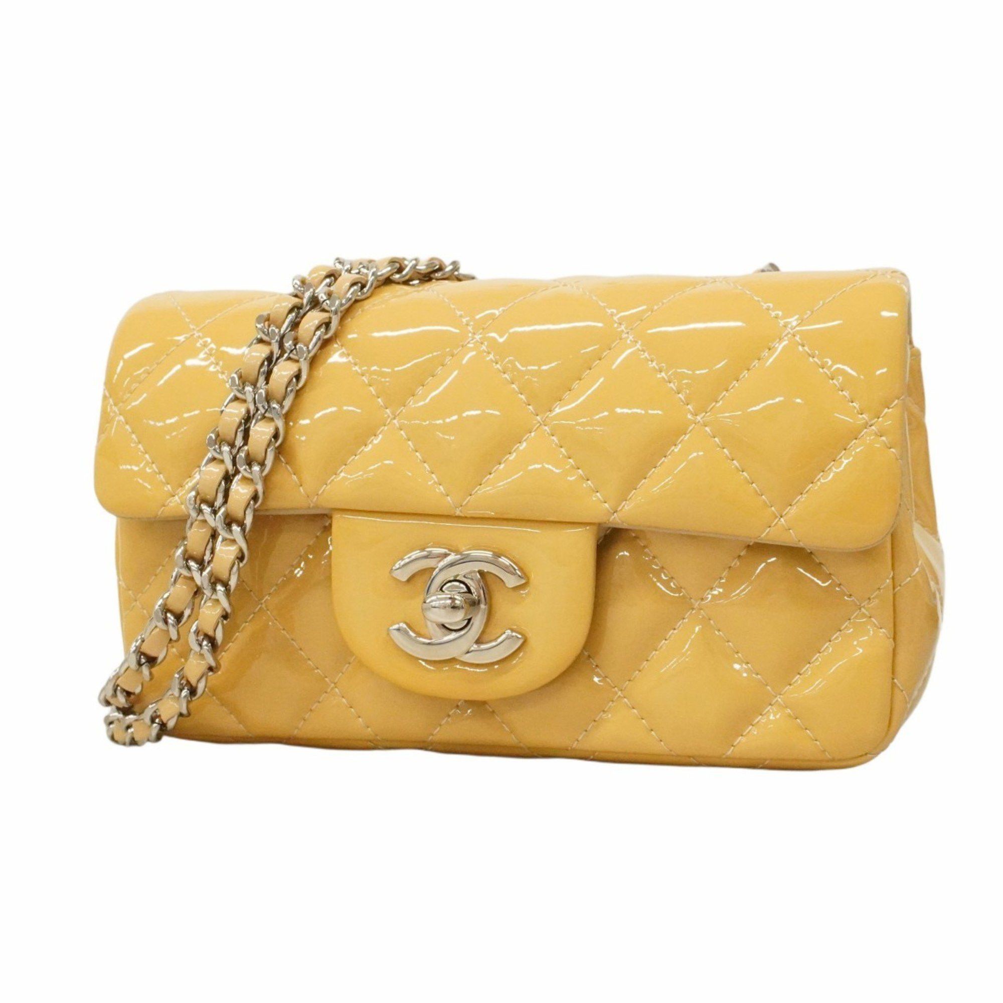 Chanel Shoulder Bag Mini Matelasse Chain Patent Leather Ocher Women's