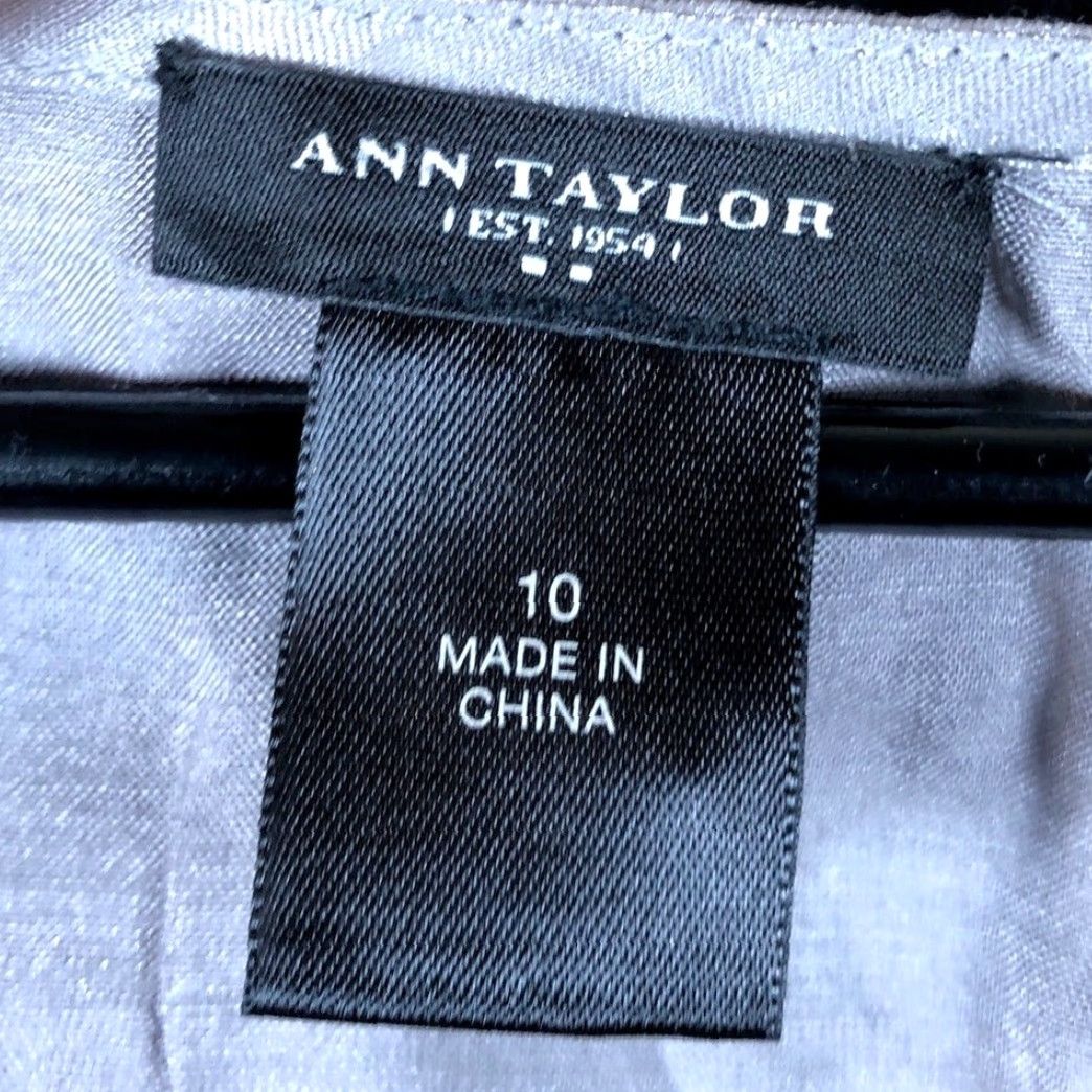 Ann Taylor Ann Taylor Womens Blouse Gray Metallic Crew Short Sleeve Pleated Front Tie 10 Size L / US 10 / IT 46 - 6 Thumbnail