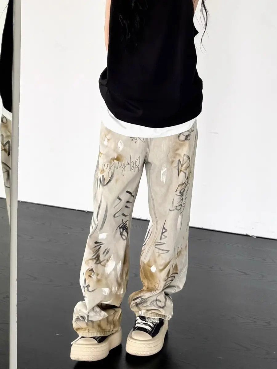Japanese Brand Retro washed graffiti printed jeans Size US 32 / EU 48 - 3 Thumbnail