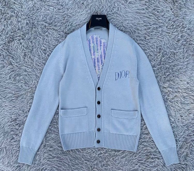 image of Dior Alex Foxton Co Branded Floral Knit Cardigan Jacke in Blue, Men's (Size Small)