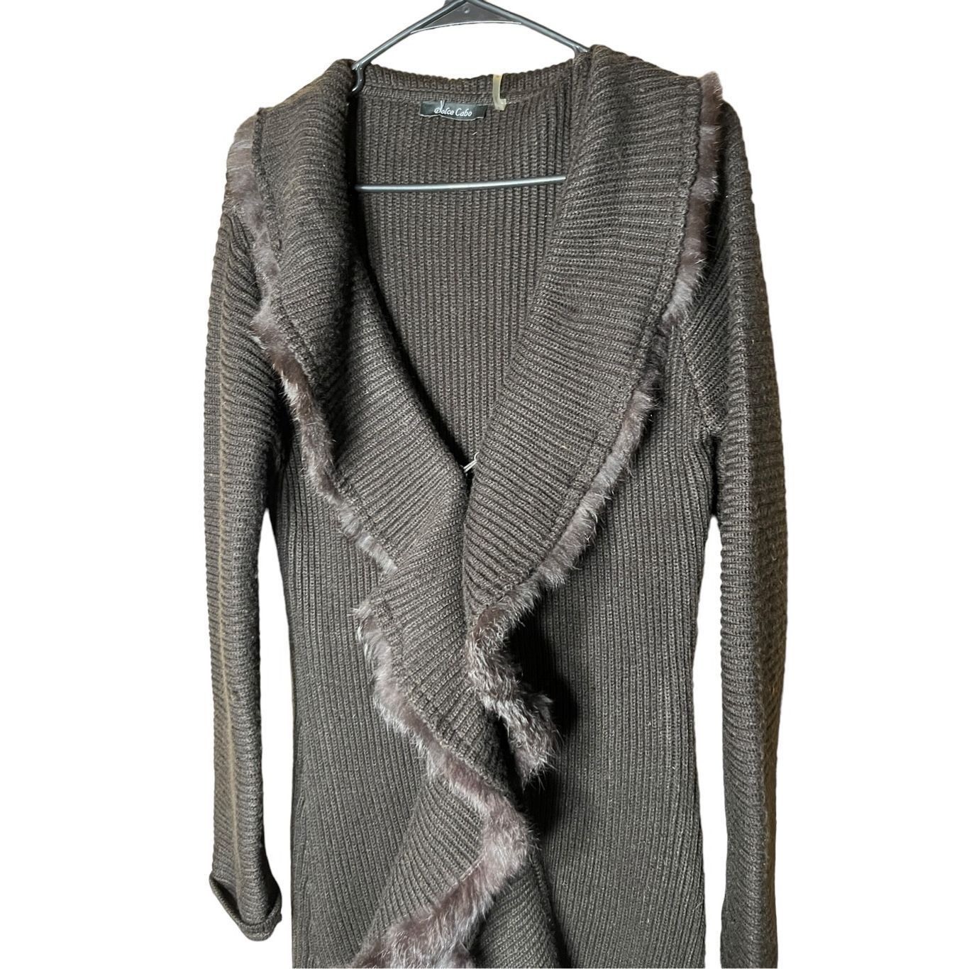 Other DOLCE CABO Black Knit Acrylic Fur Trim Long Duster Cardigan Size M / US 6-8 / IT 42-44 - 2 Thumbnail