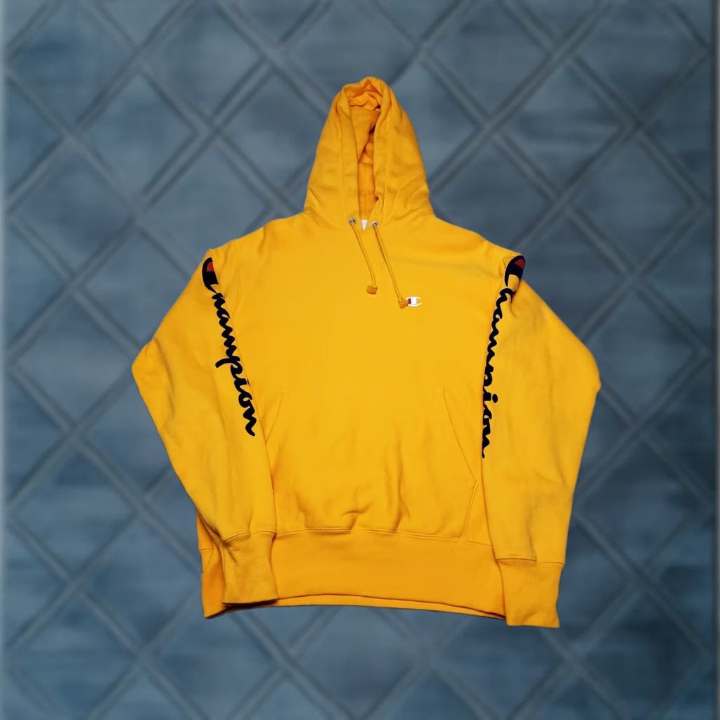 Champion Champion Hoodie Men's M Yellow Long Sleeve Pullover Spell Out Reverse Weave Athletic Heavyweight Streetwear Size US M / EU 48-50 / 2 - 1 Thumbnail