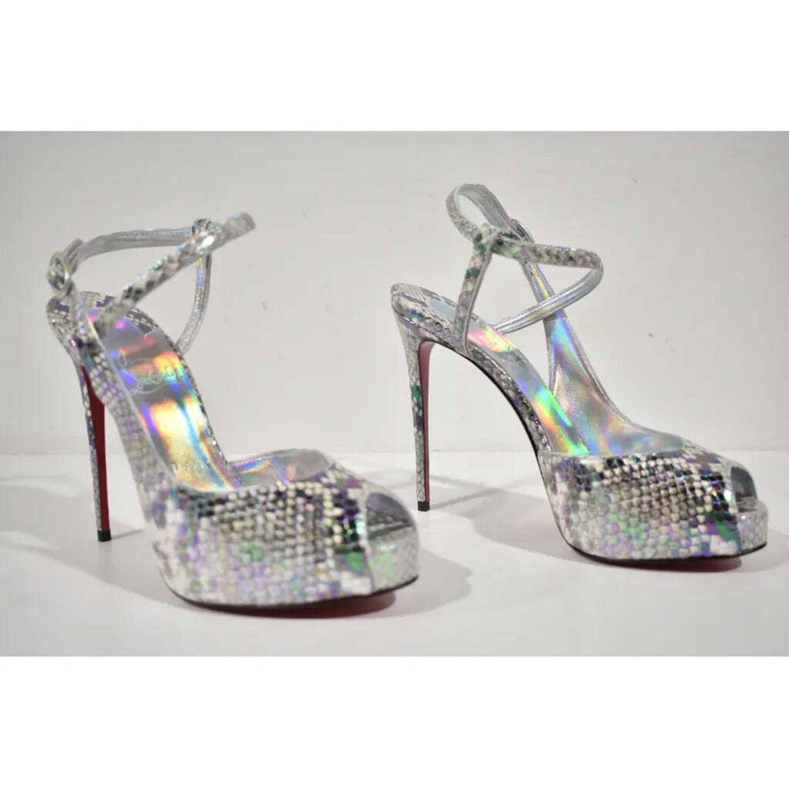 Christian Louboutin Jenlove Alta 120 Grey Snakeskin Platform Sandal Heel Pump 38 Size US 8 / IT 38 - 4 Thumbnail