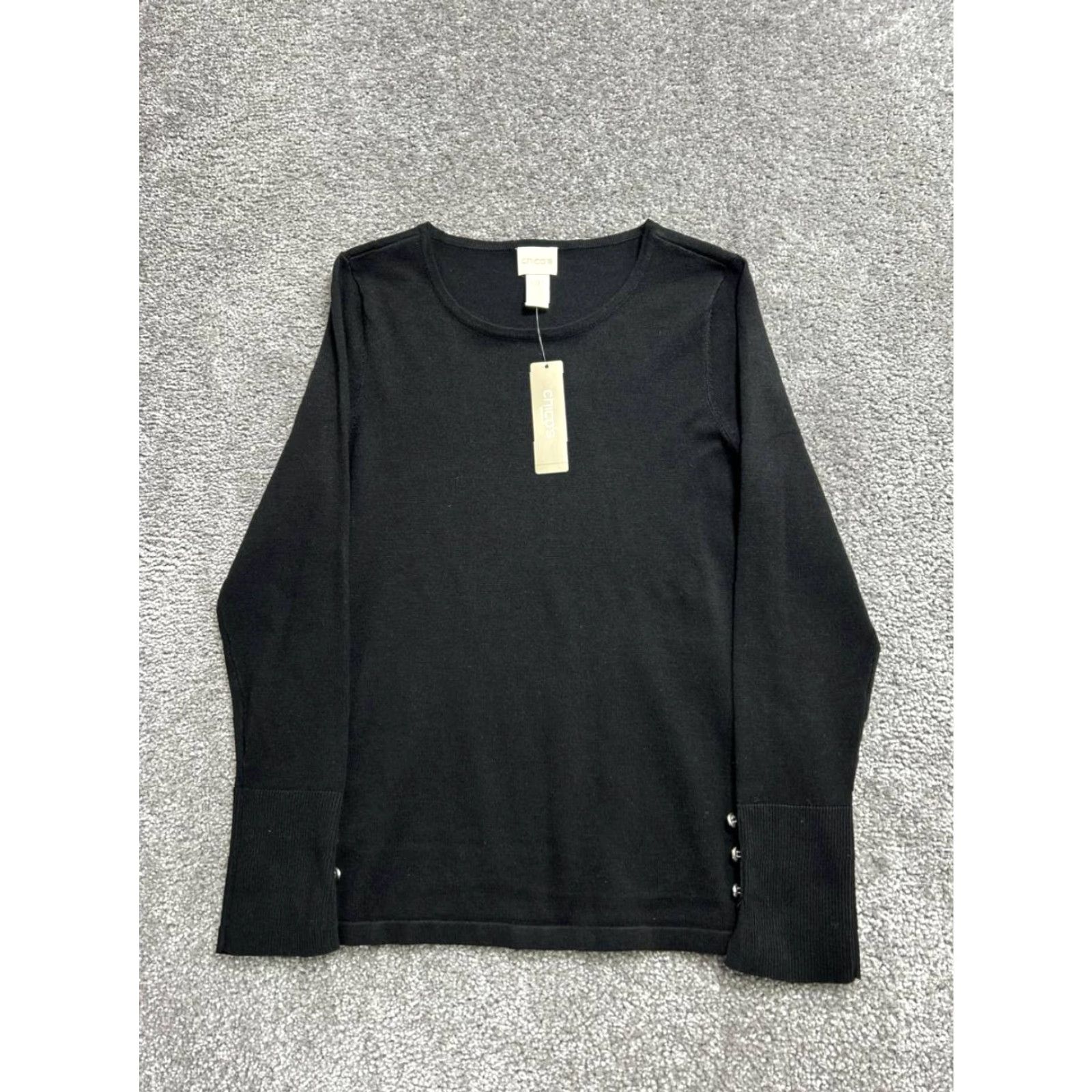 Vintage Chicos Sweater 0 Petite Black Button Detail Pullover Crew Neck Basic New Womens Size XS / US 0-2 / IT 36-38 - 2 Thumbnail