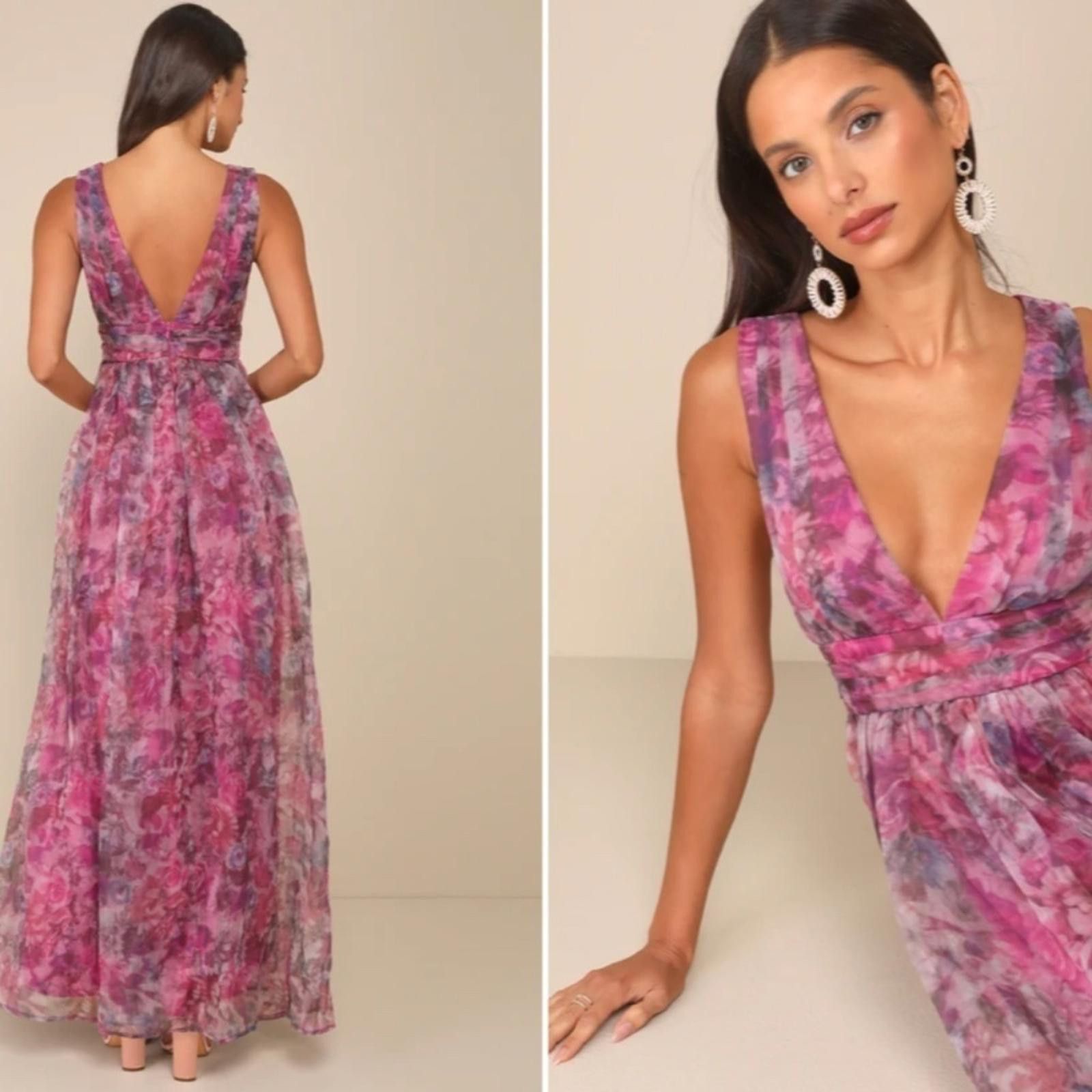 Lulus LULU's Floral Sexy Prom Wedding Chic Elegant Magenta Maxi Size M / US 6-8 / IT 42-44 - 3 Thumbnail