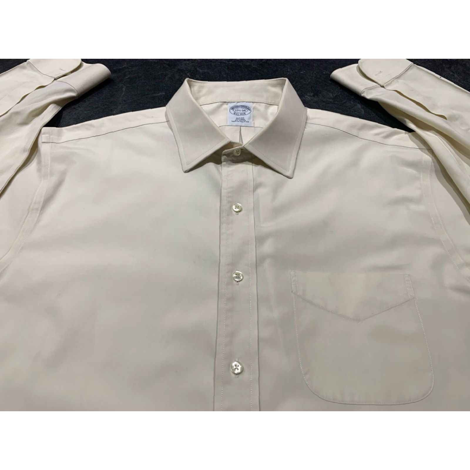 Brooks Brothers BROOKS BROTHERS Slim Fit 1818 Cotton Dress Shirt 17.5 34 Beige Business Mens Size 46R - 4 Thumbnail