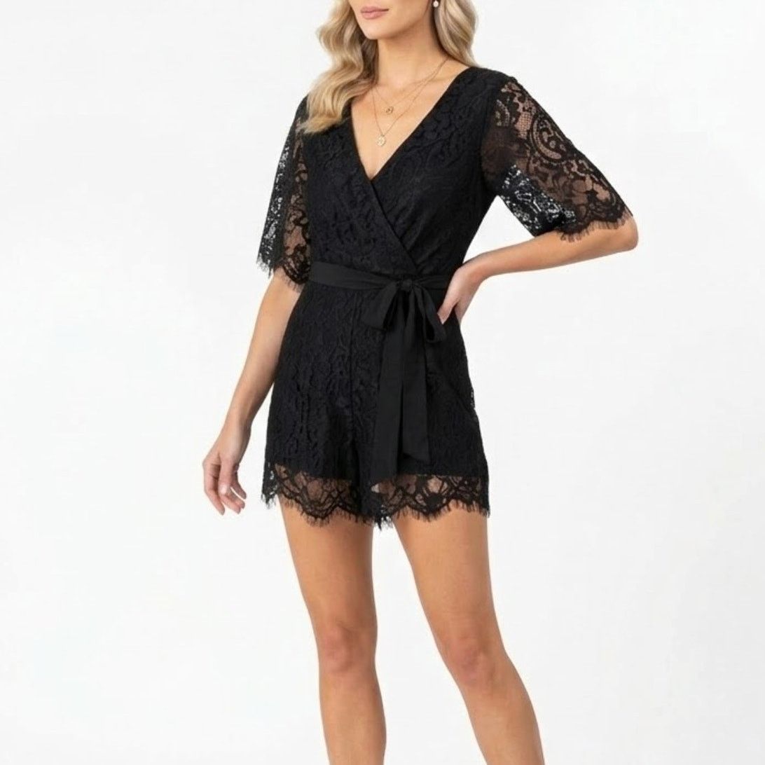 Other Miami Black Lace Surplice Romper Ribbon Tie Small Size 27" / US 4 / IT 40 - 1 Thumbnail