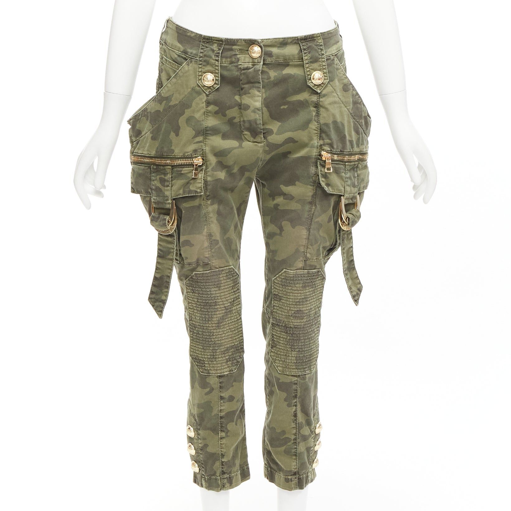 image of Balmain Green Camo Cotton Gold Hardware Mid Waist Cargo Biker Pants Fr34 Xs, Women's (Size 26)