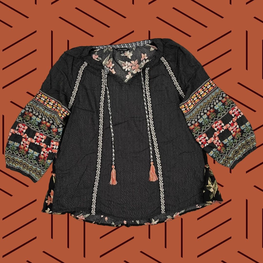 Vintage John Mark Blouse Womens Medium Floral Embroidered Tassels Grunge Boho Dark Moody Shirt Tee Tunic Size M / US 6-8 / IT 42-44 - 1 Thumbnail