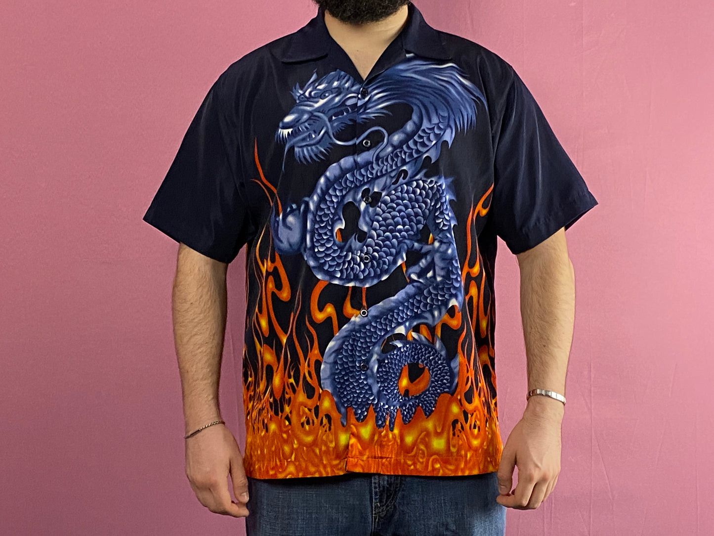 Designer Men's Flame Chinese Dragon Print Short Sleeve Shirt - M Size US M / EU 48-50 / 2 - 3 Thumbnail
