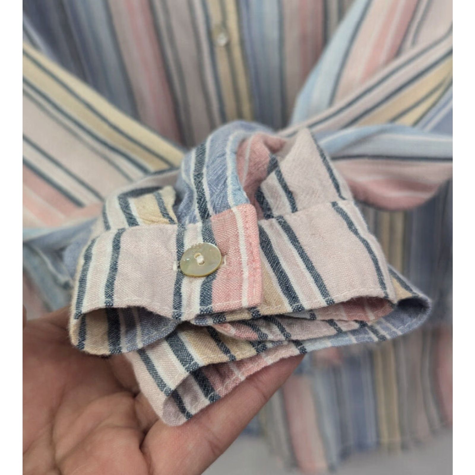 CLOT Cloth & Stone Button-Up Blouse Striped Multicolor Rayon Frayed Hem Raw Edge Size M Womens Size M / US 6-8 / IT 42-44 - 3 Thumbnail