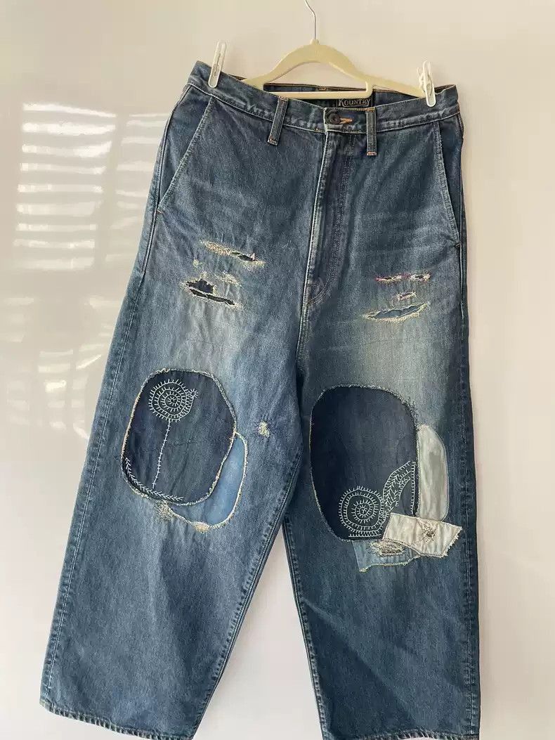 kapital Balloon pants stitching patch washed jeans -2507