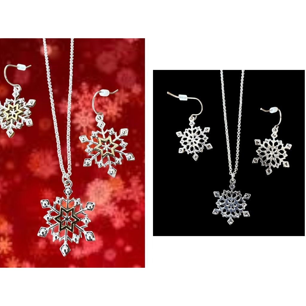 Handmade Snowflake Necklace Earrings Set 16" Chain New Reversible Size ONE SIZE - 7 Thumbnail