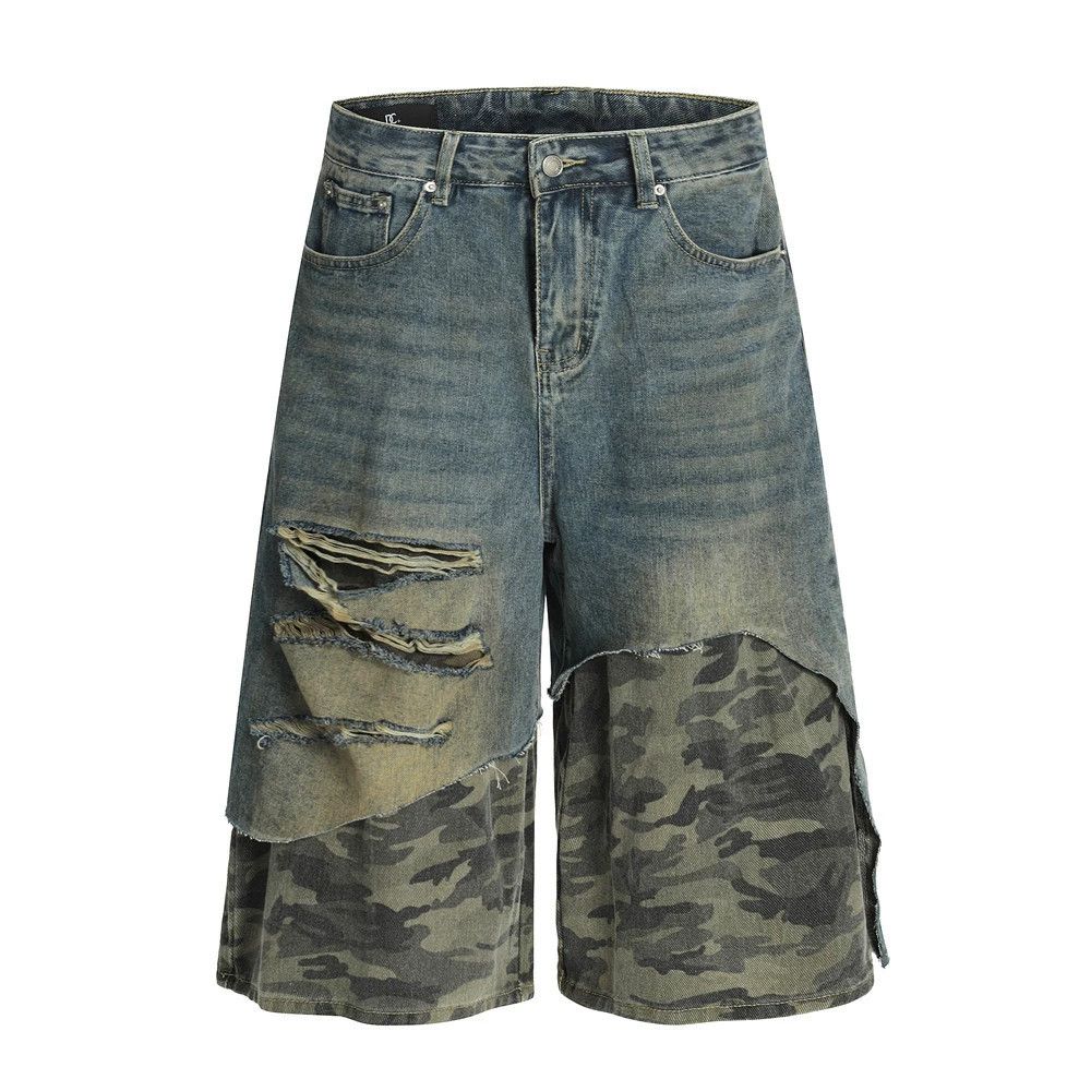 Jean Men's washed raw-edge distressed camouflage denim shorts Size US 32 / EU 48 - 1 Thumbnail