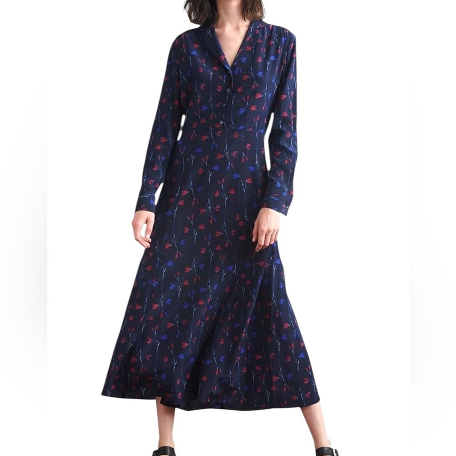 THAKOON Thakoon Silk Navy Tulip Long Sleeve Shirt Midi Dress NWT 4 Size S / US 4 / IT 40 - 1 Thumbnail