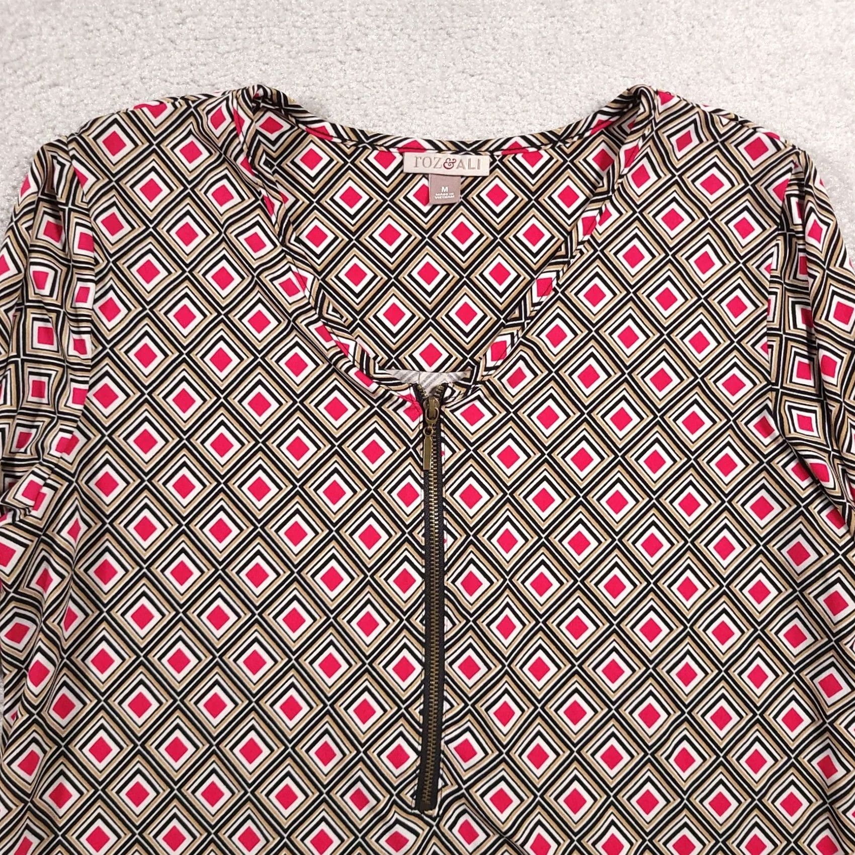 Vintage Roz & Ali Blouse Shirt Women's Medium Geometric 3/4 Sleeve 1/4 Zip Size M / US 6-8 / IT 42-44 - 3 Thumbnail