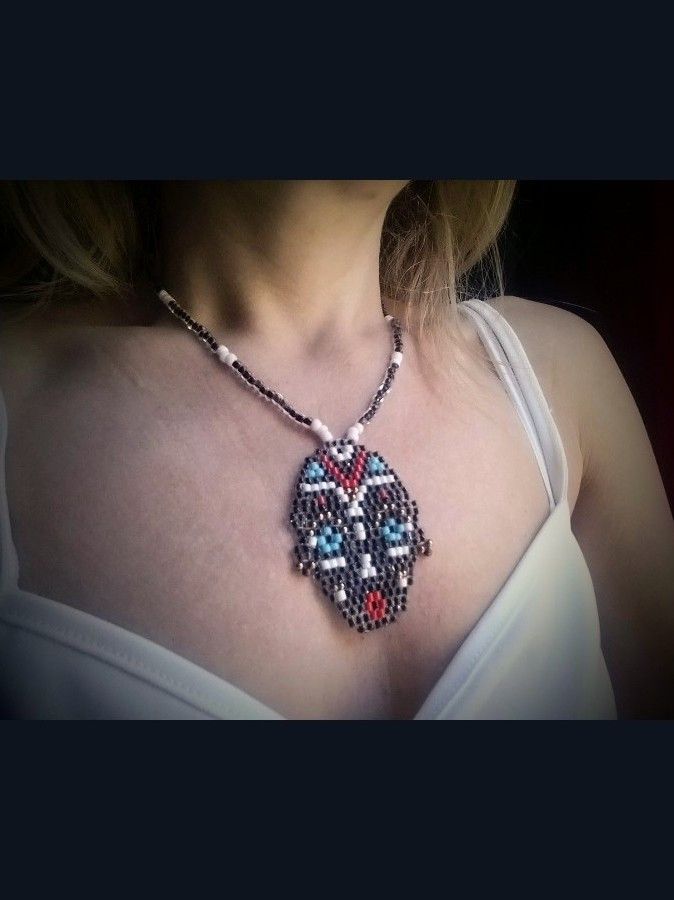 Handmade Black beaded necklace Tribal woman face pendant Size ONE SIZE - 3 Thumbnail