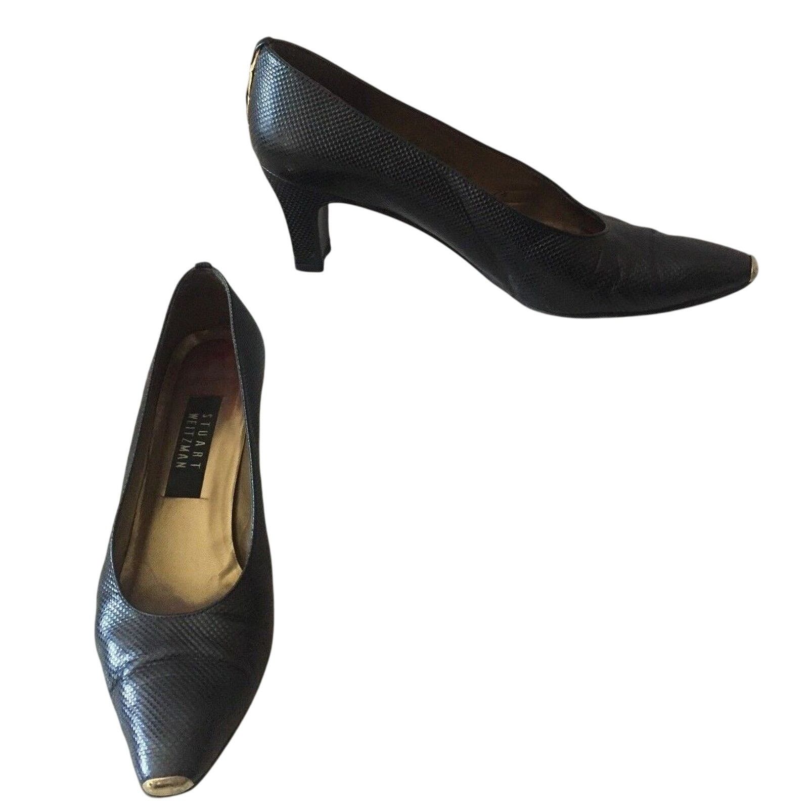 Stuart Weitzman Stuart Weitzman Black Textured Shoe Pump Metal Toe Rand Cap Size US 7.5 / IT 37.5 - 3 Thumbnail