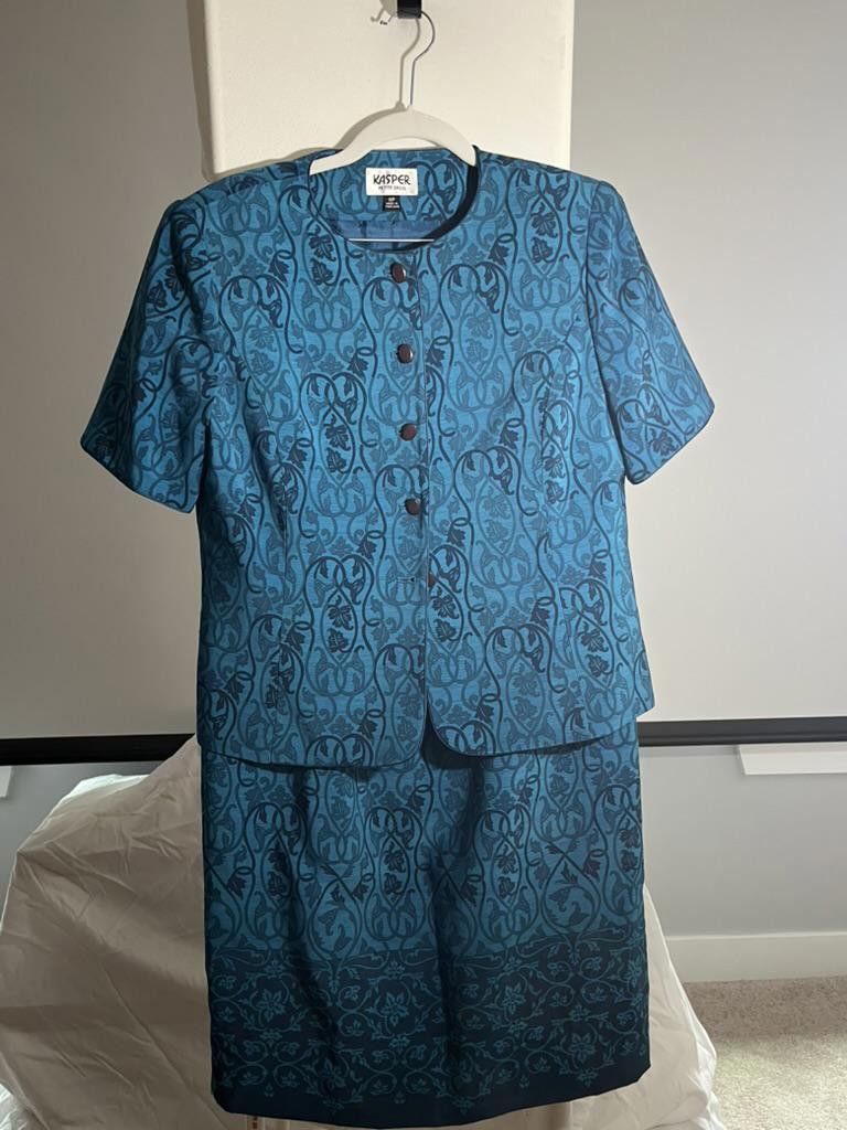 Designer Elegant Kasper Petite Dress - Vibrant Teal Print Size L / US 10 / IT 46 - 1 Thumbnail