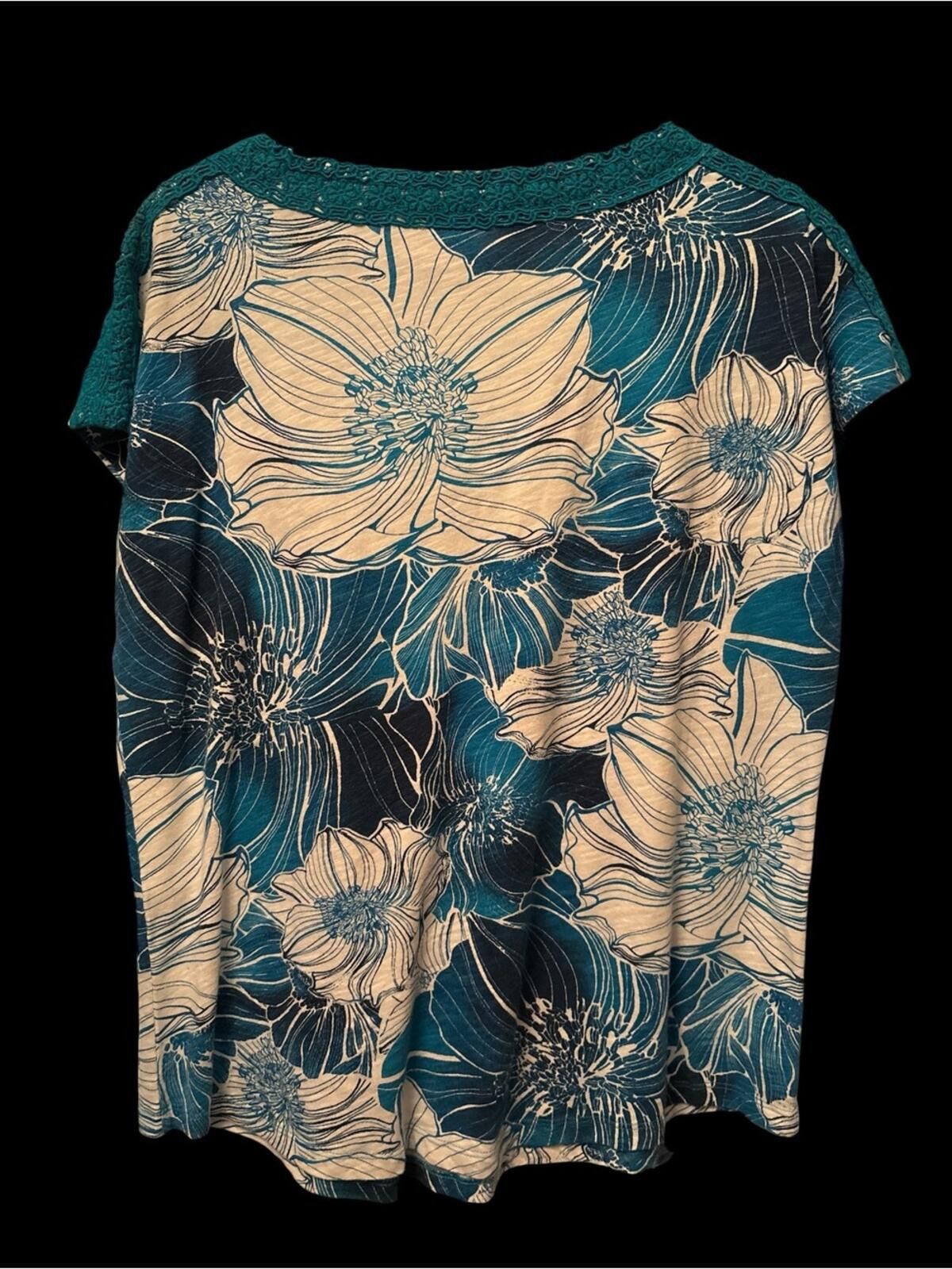 Chicos Chico's Teal Floral Crochet-Neck Blouse Size M / US 6-8 / IT 42-44 - 2 Thumbnail