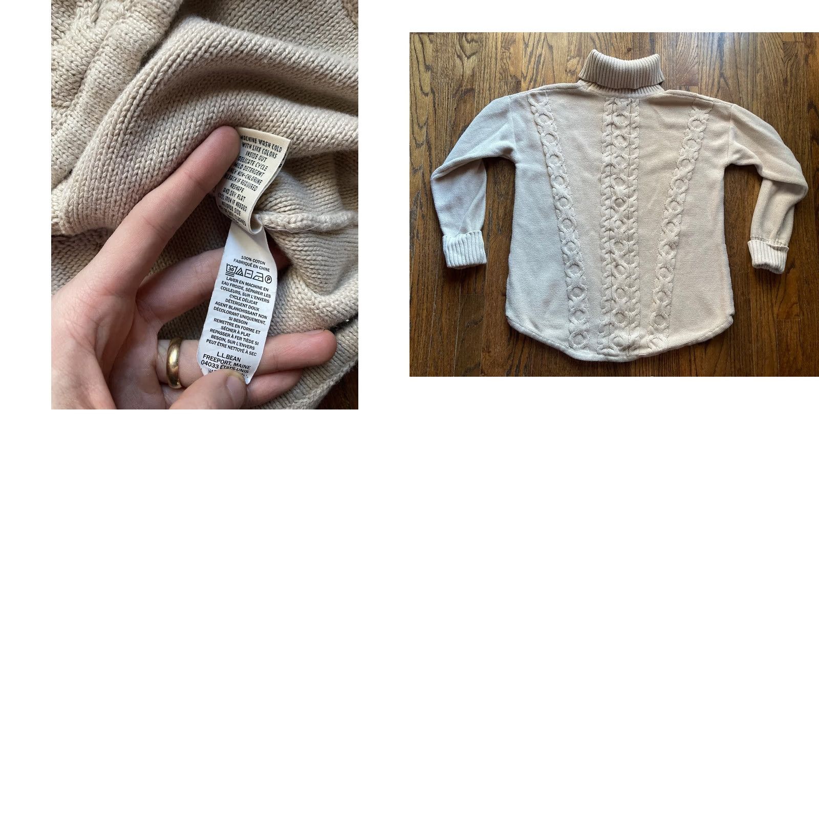 Vintage LL Bean Womens Large Beige Cotton Cable Knit Turtleneck Sweater Size L / US 10 / IT 46 - 8 Thumbnail