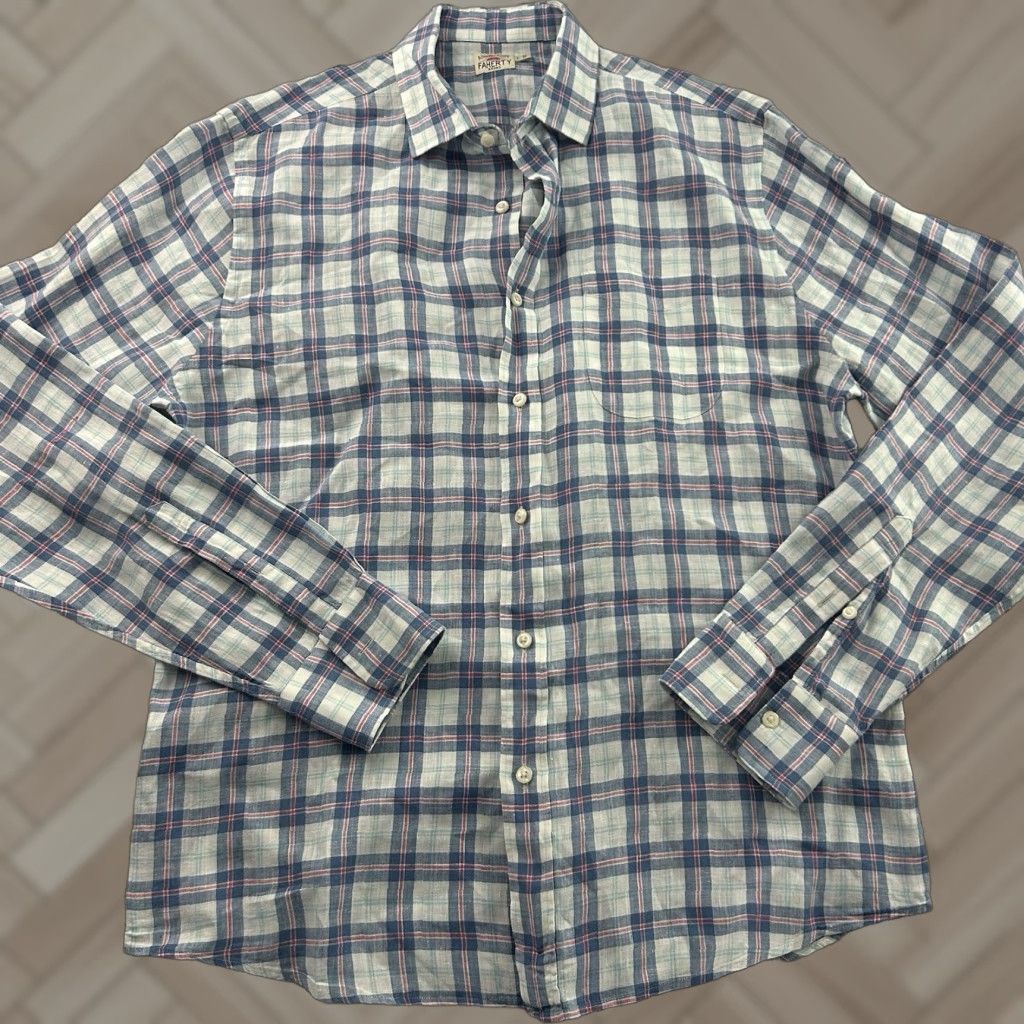 Faherty Faherty Button-Up Long Sleeve Plaid Shirt Men's L 100% Linen Blue White Size US L / EU 52-54 / 3 - 1 Thumbnail