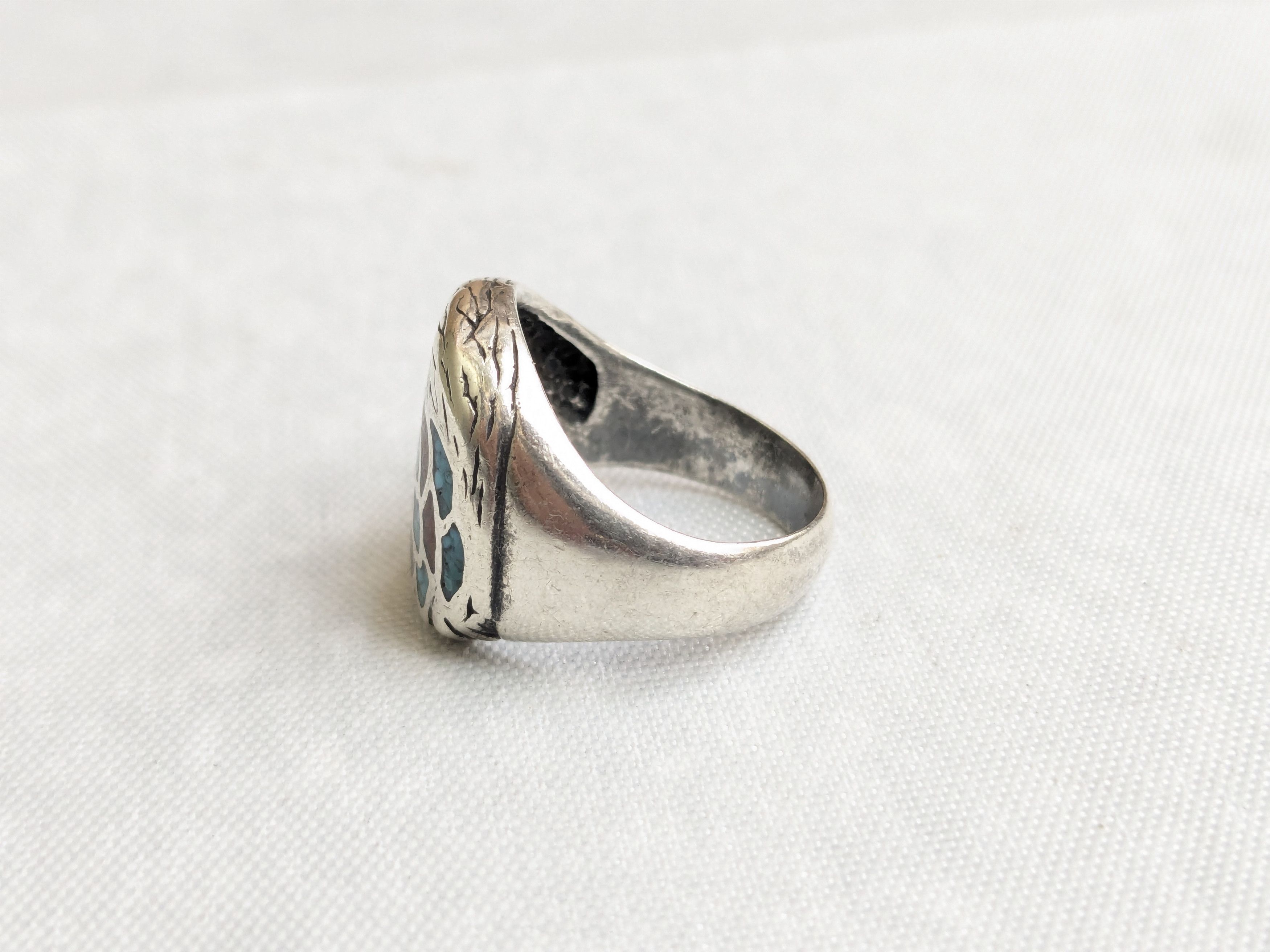 Jewelry Sterling Silver Ring Crushed Turquoise Coral 8 Eagle Native Size ONE SIZE - 2 Thumbnail
