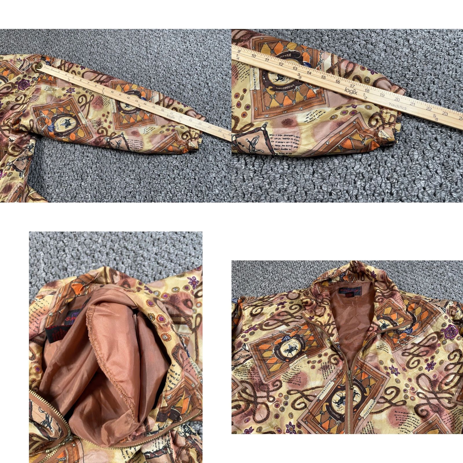Gloverall VTG Equestrian Silk Zip Jacket Women's Large Beige All Over Pattern Geometric 90s Windbreaker Long Sleeve Full Zip Pockets Shoulder Pads Vintage Style Size L / US 10 / IT 46 - 8 Thumbnail