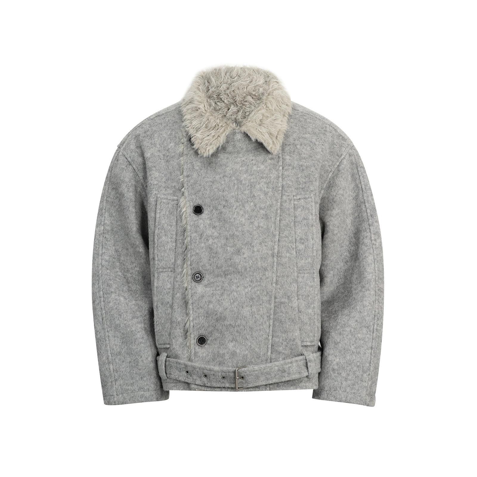 Gray Wool Blend Faux Fur Lined Winter Coat