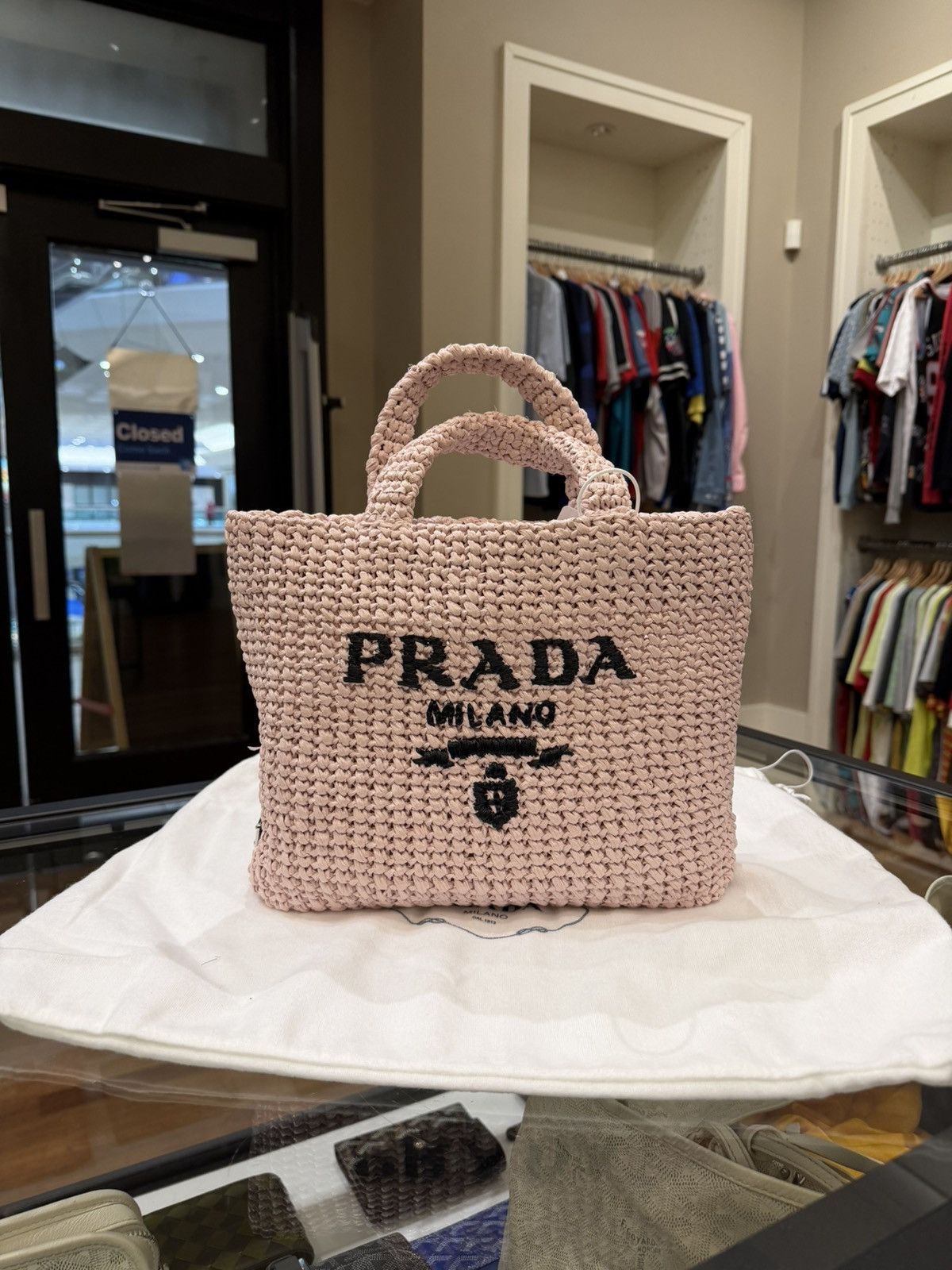 Prada Pink Raffia Crochet Small Tote Bag