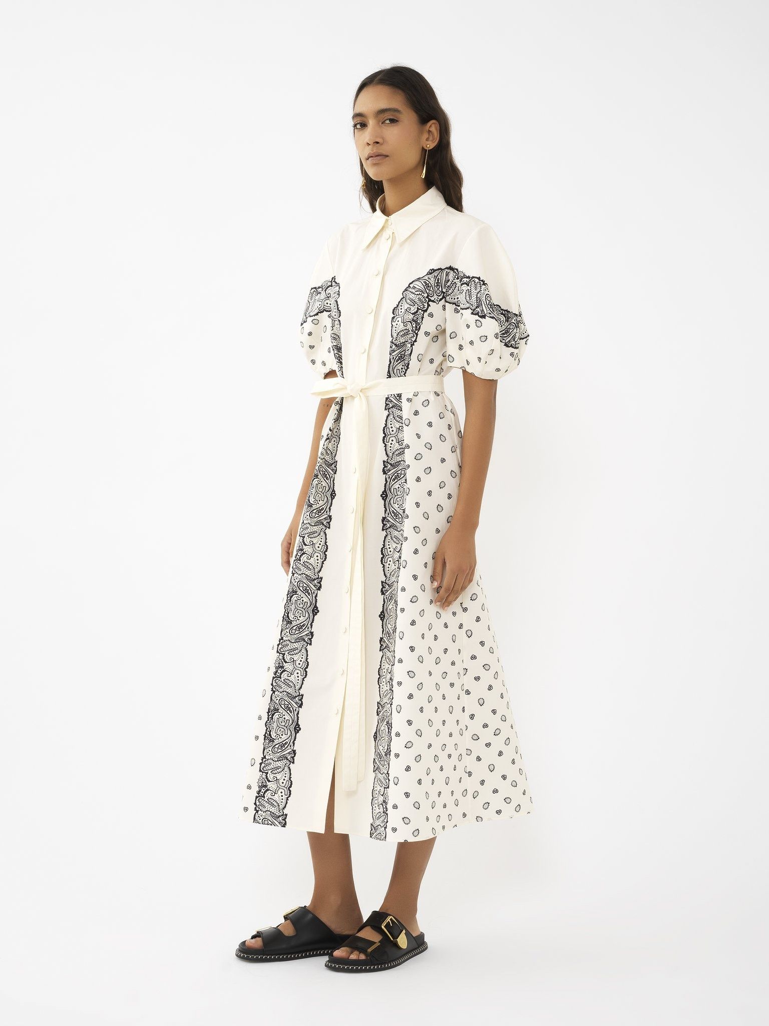 Chloe oc11z0525 Printed Balloon-Sleeve Shirt Dress in White/Black Size XL / US 12-14 / IT 48-50 - 3 Thumbnail