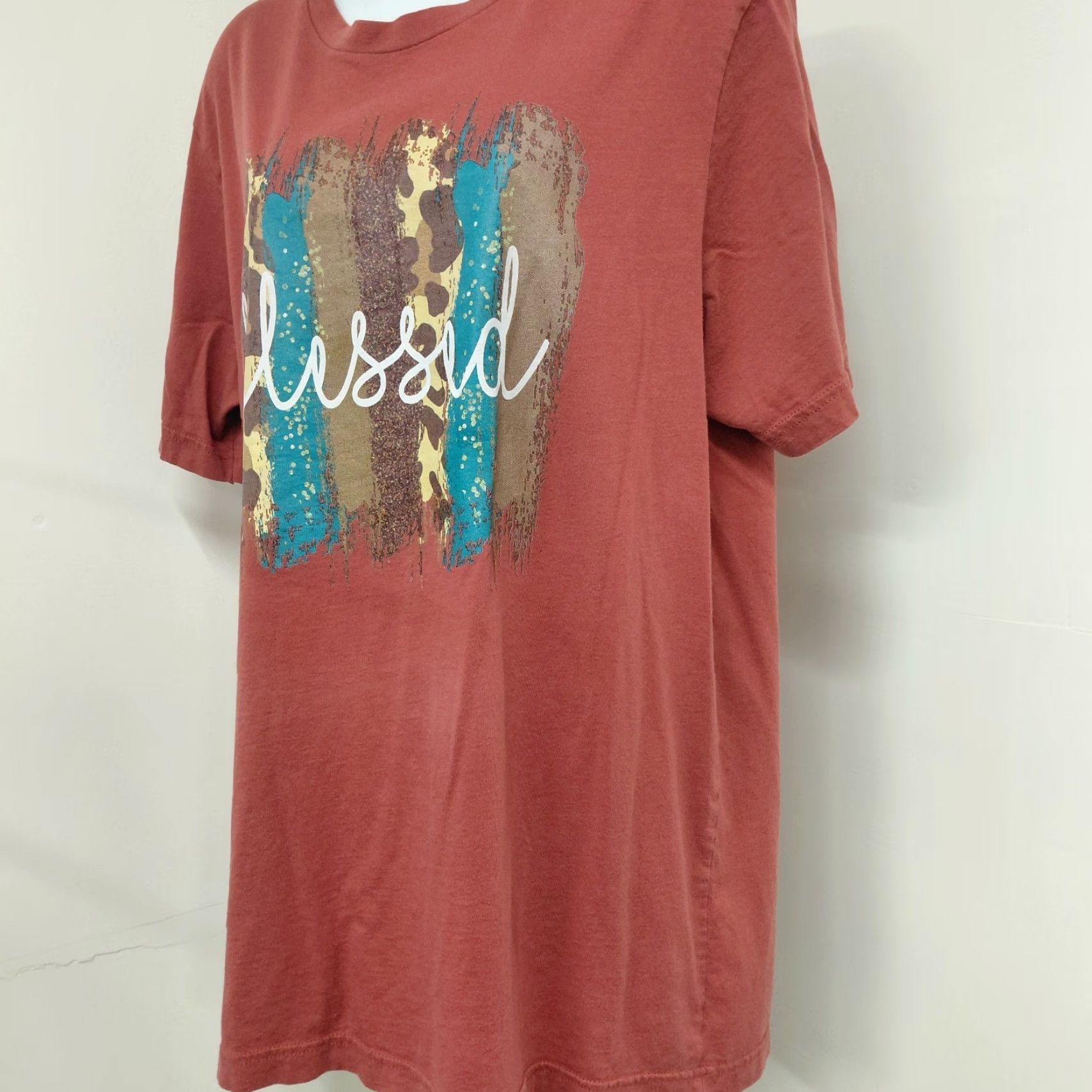 Vintage Blessed Tshirt Women’s XL Brown Striped Animal Print Short Sleeve Crewneck Boho Western Classic Shirt Women Size XL / US 12-14 / IT 48-50 - 3 Thumbnail
