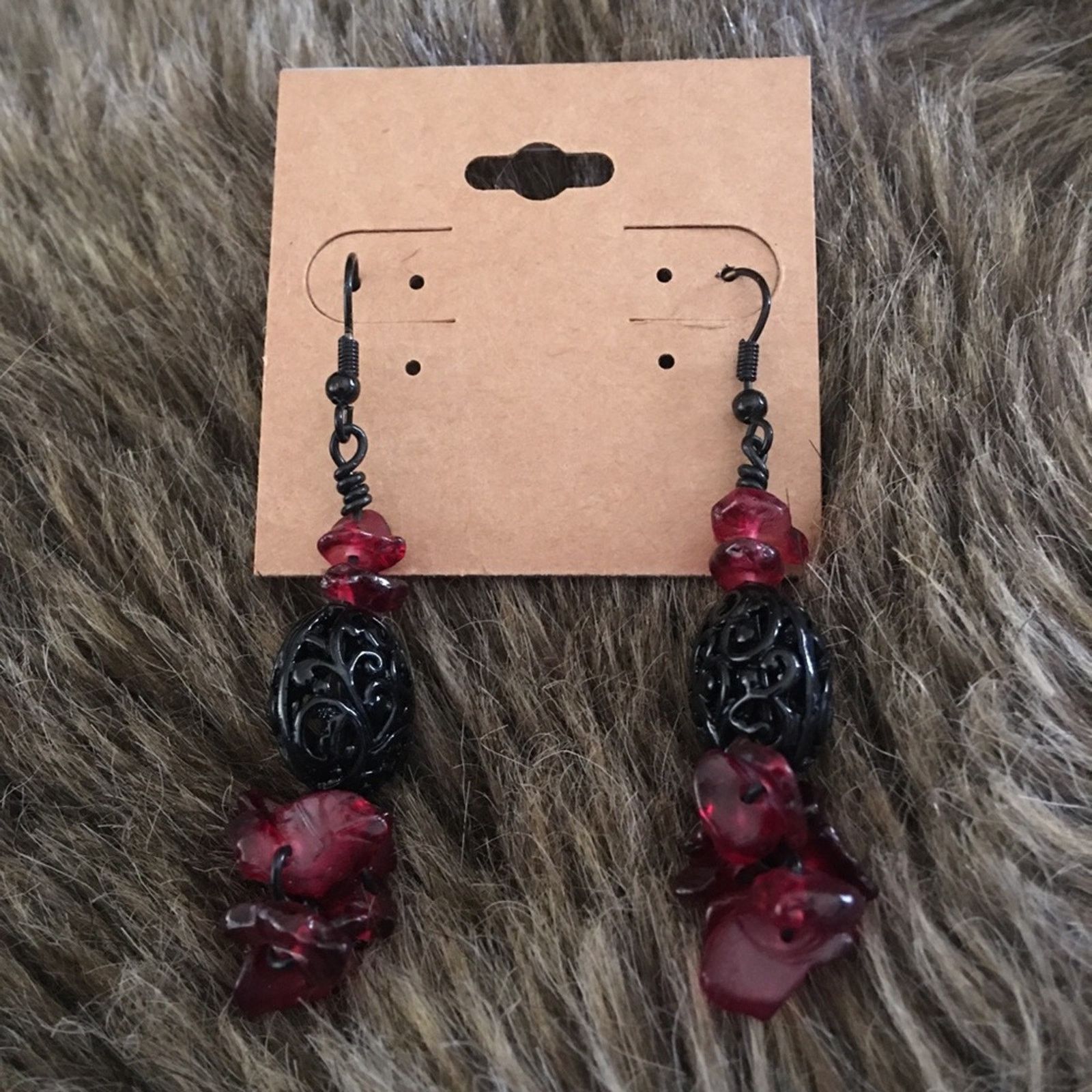 Handmade Black filigree bead faux garnet stone earrings Size ONE SIZE - 1 Thumbnail