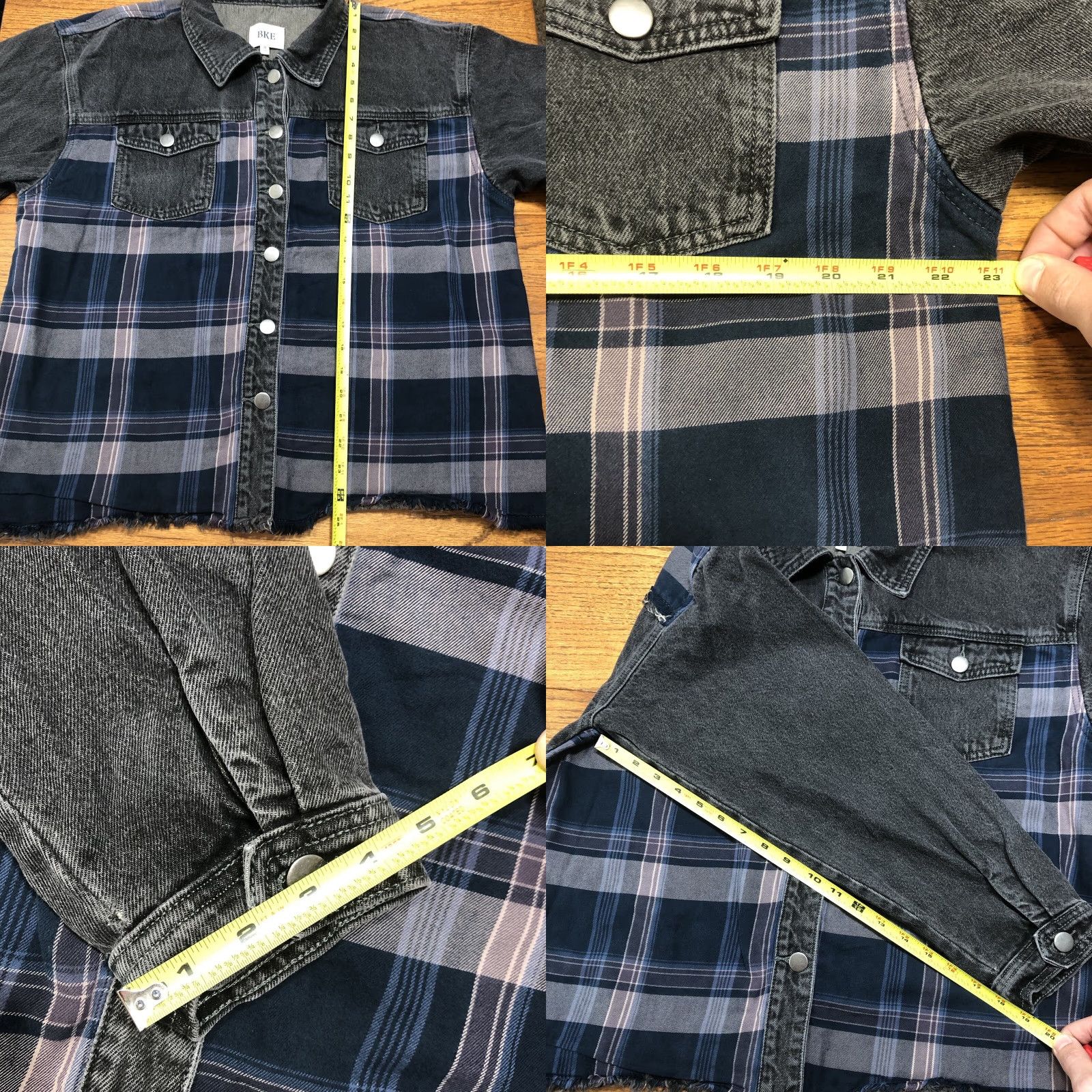 Vintage BKE Jacket Womens Medium Denim Plaid Boho Trucker Black Blue Casual Travel Shirt Jacket Womens M Black Denim Plaid Bohemian Classic Biker Collared Size 32" / US 10 / IT 46 - 8 Thumbnail