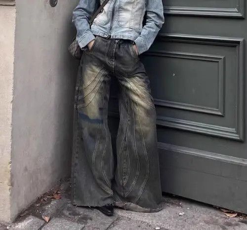 image of Heavy-Duty Washed Distressed Faded Micro-Flare Jeans in Camel Color, Men's (Size 32)