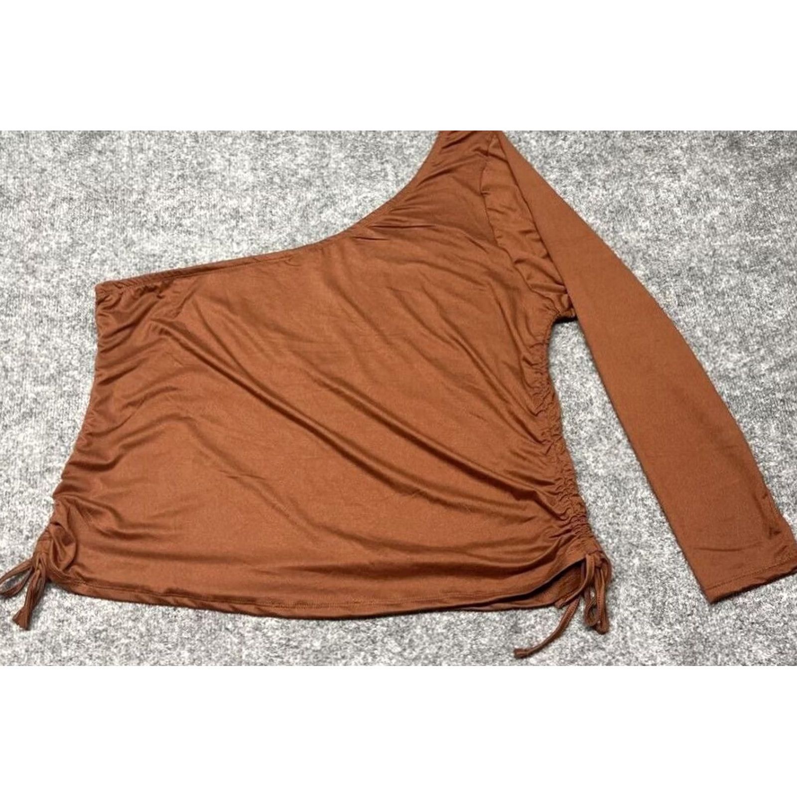 Vintage Rue21 Blouse Womens Plus 4X Brown One Shoulder Long Sleeve Ruched Drawstring New Size XXL / US 16-18 / IT 52-54 - 4 Thumbnail