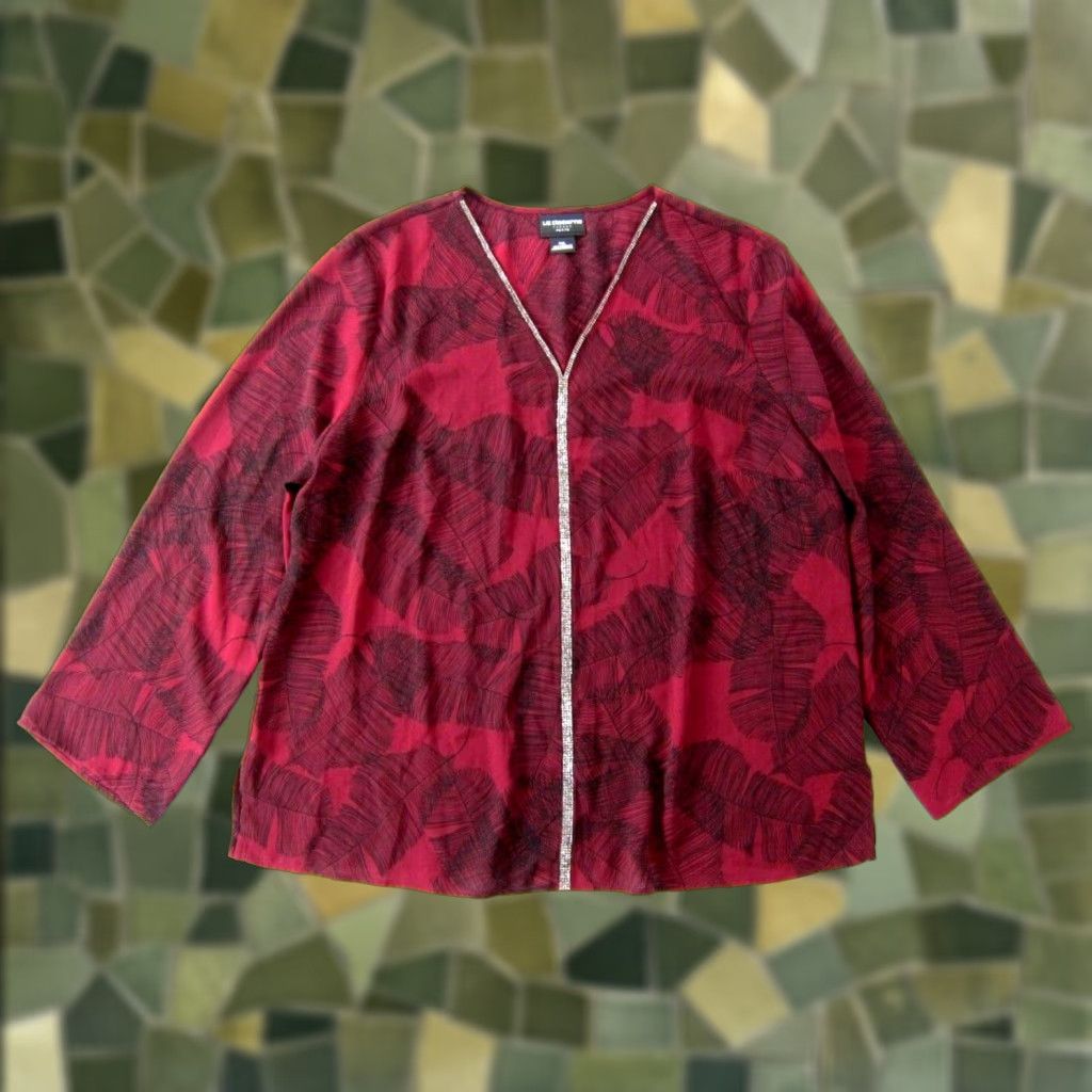 Liz Claiborne NWT Liz Claiborne Career Burgundy Red Feather Floral Beaded V-Neck Blouse PXL Size XL / US 12-14 / IT 48-50 - 1 Thumbnail