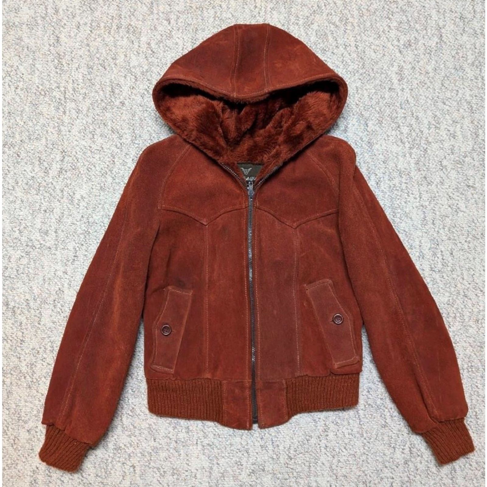 Vintage VINTAGE westERn split-suede cowhide Leather XS sherpa HOODED jacket 34-36 Mens 1970s Rancher Rust Orange Cowboy Style Bomber Jacket Size US XS / EU 42 / 0 - 2 Thumbnail