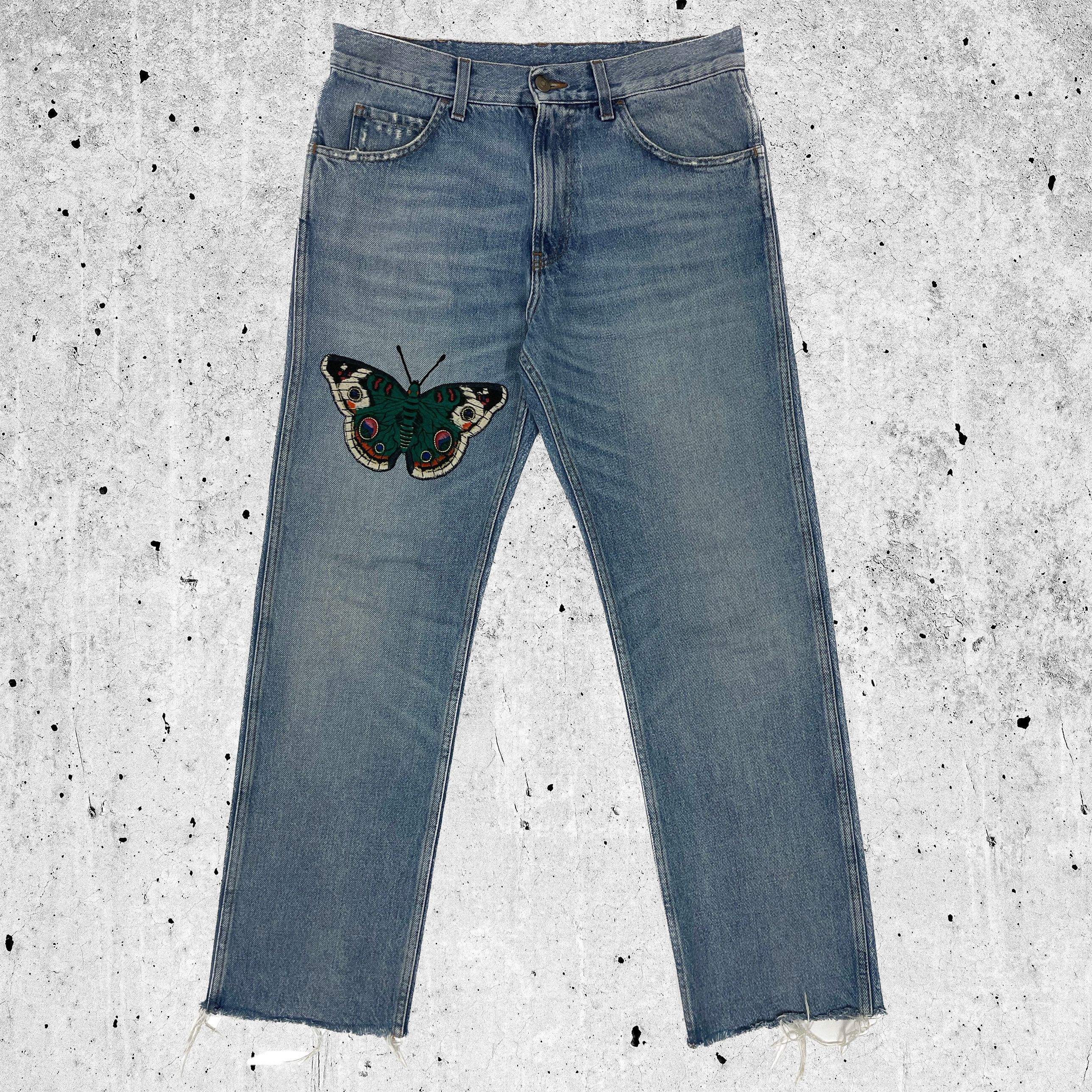 image of Gucci Butterfly Patch Denim Jeans Floral Embroidered Frayed in Blue, Men's (Size 32)