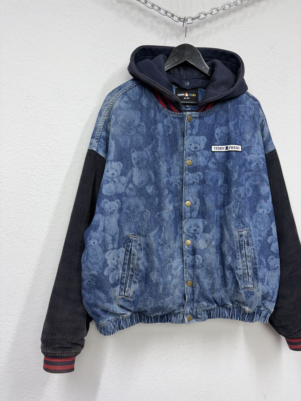 Teddy Fresh Teddy Fresh Denim Varsity Jacket Hybrid All-Over Bear Print Size US L / EU 52-54 / 3 - 14 Thumbnail