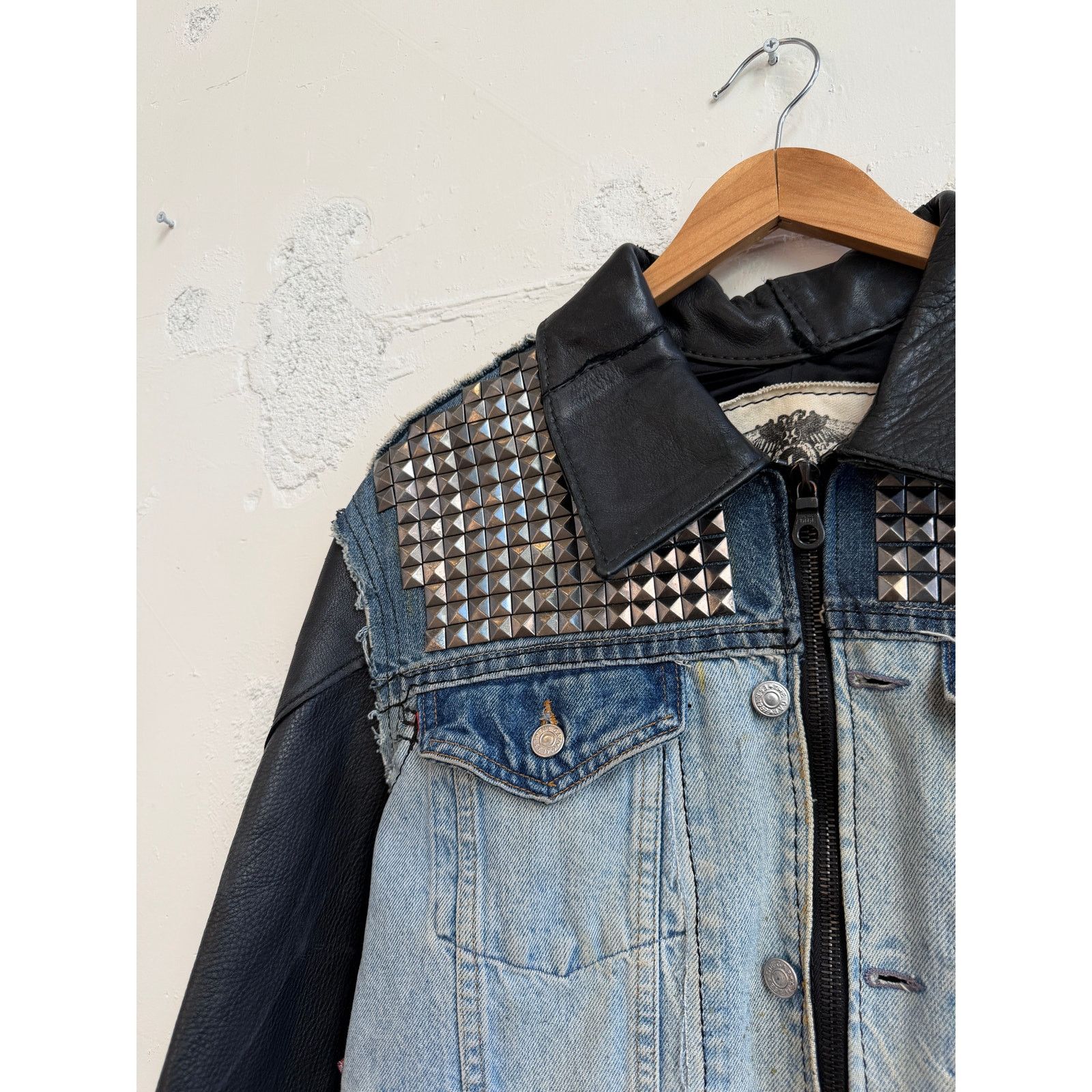 Other Junker Designs Upcycled Leather/Denim Studded Jacket Size US XL / EU 56 / 4 - 4 Thumbnail