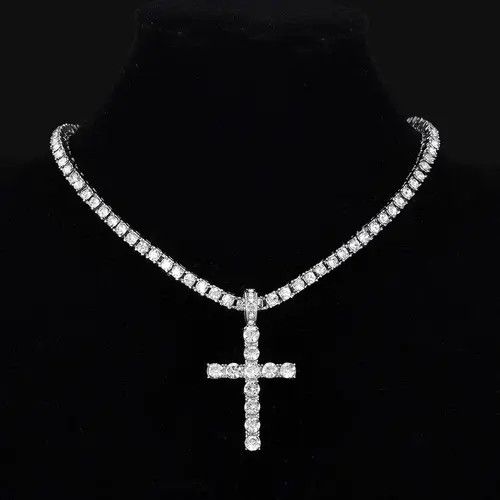 Jewelry Hip Hop Cross Pendant Necklace With 4mm Zircon Tennis Chain Size ONE SIZE - 1 Thumbnail