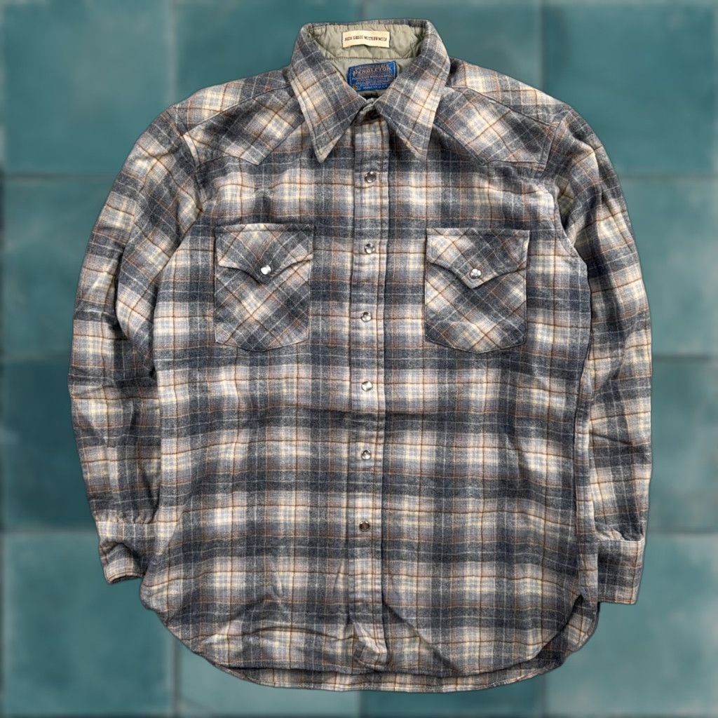 Pendleton VINTAGE Pendleton Shirt Gray 100% Virgin Wool Western Plaid Pearl Snap Button-Up M Men Broadway? Size US M / EU 48-50 / 2 - 1 Thumbnail
