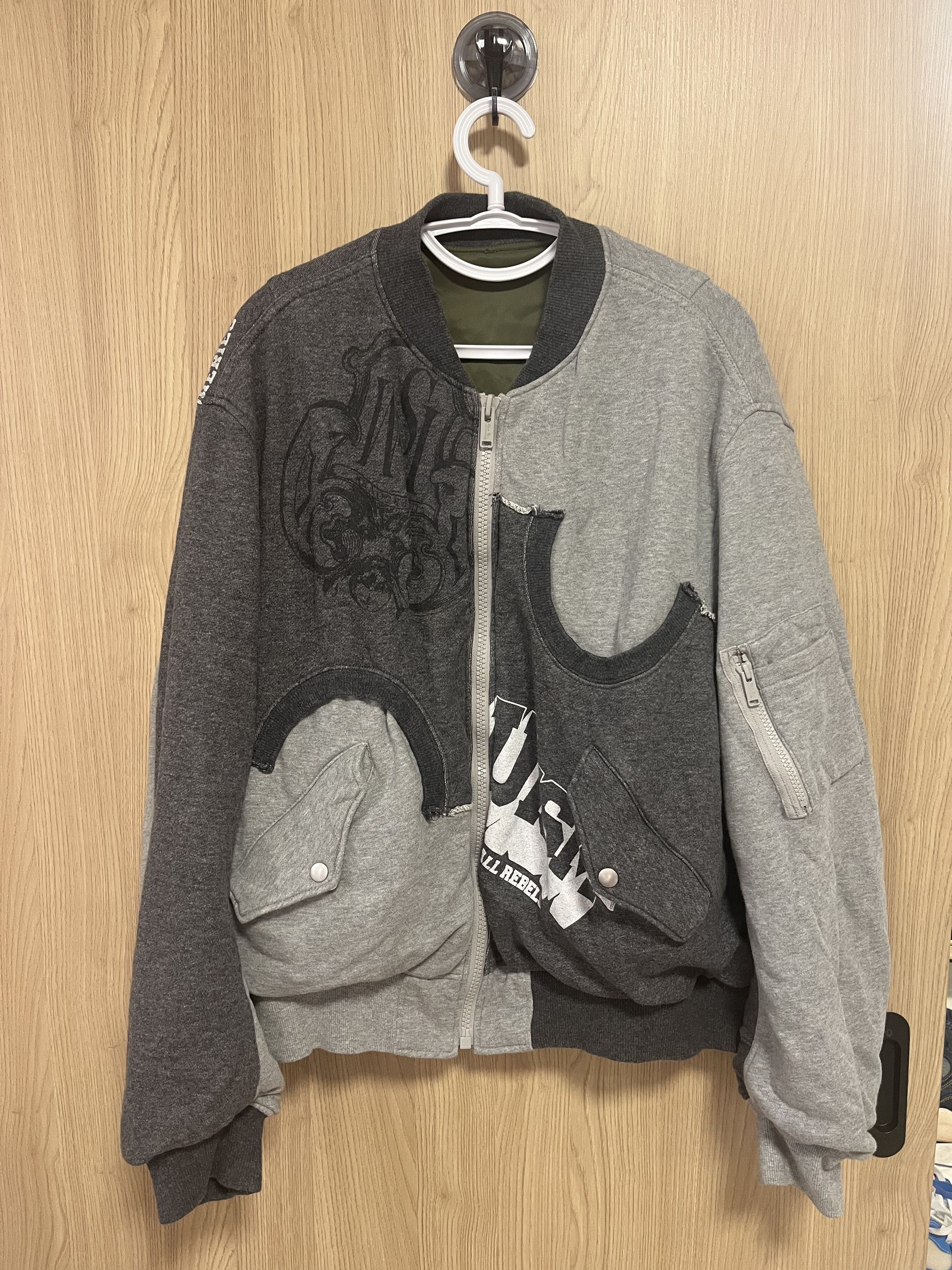 image of Undercover Reversible Logo-Print Bomber Jacket in Gray/Olive, Men's (Size XL)