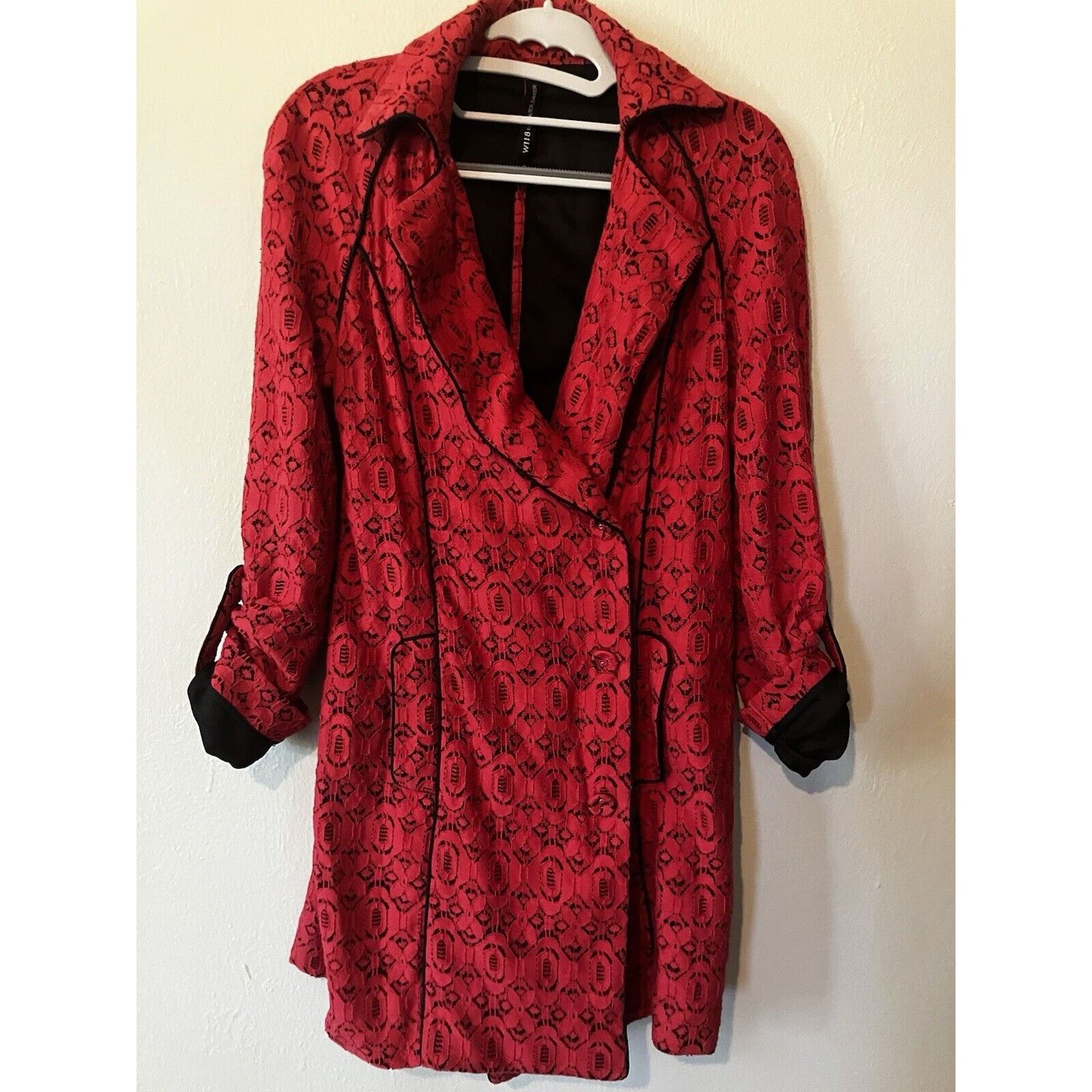 W&LT W118 Walter Baker Pallava Lace Trench Coat Red Black Small Size S / US 4 / IT 40 - 1 Thumbnail