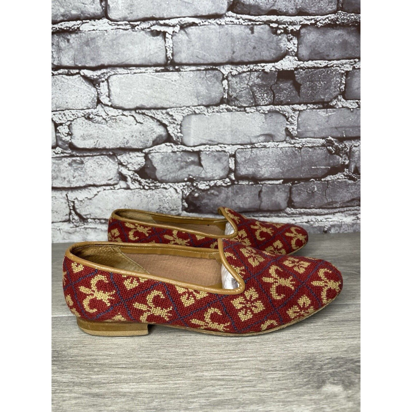 Other Zalo Red Fabric Gold Pattern Slip On Needle Loafers Shoes Wo Size US 7.5 / IT 37.5 - 3 Thumbnail