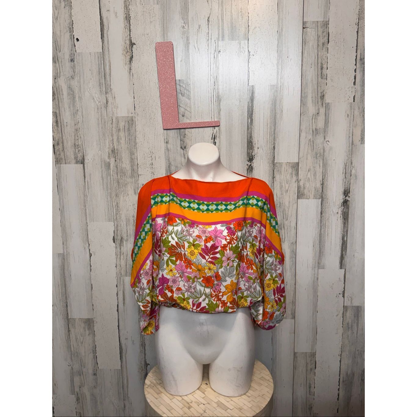 Other Floral & Ivy Bright Retro Floral Top | Orange Multicolor Balloon Sleeve Blouse – Size Large Size L / US 10 / IT 46 - 1 Thumbnail