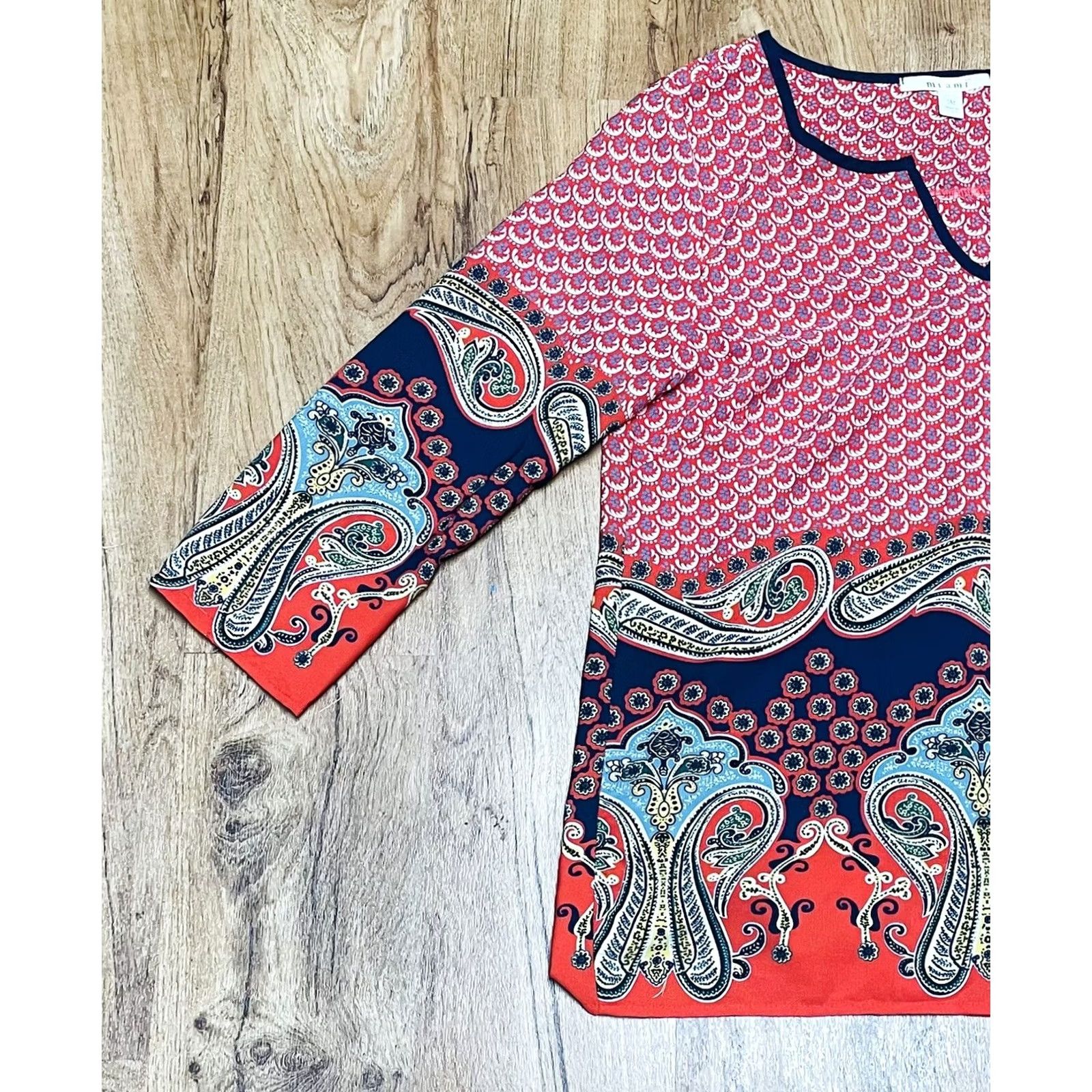 Vintage Mi A Mi Blouse Long Sleeve Shirt Red & Blue Sz Medium Pullover USA Womens Geometric Pattern Size M / US 6-8 / IT 42-44 - 3 Thumbnail