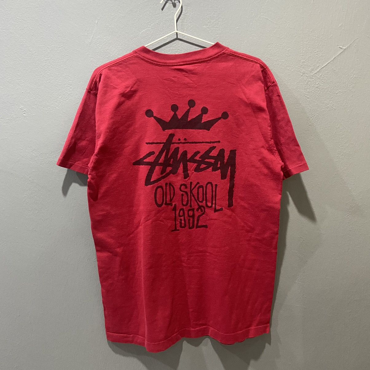 image of Made In USA x Stussy Vintage Stussy Old Skool 1992 Crown T Shirt in Red, Men's (Size Large)