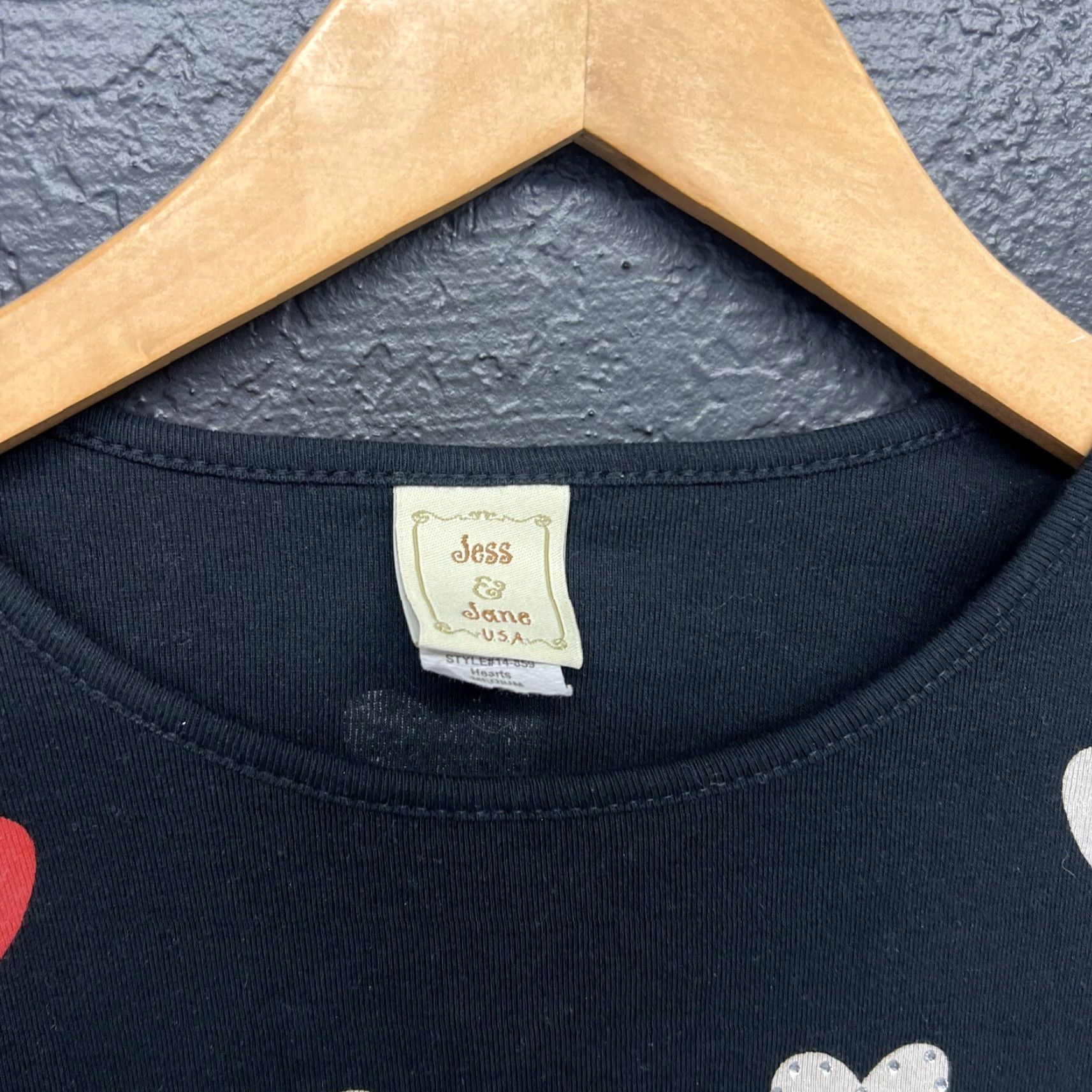Vintage JESS & JANE Long Sleeve Black With Hearts Pattern Bejeweld 100% Cotton Top Size M / US 6-8 / IT 42-44 - 2 Thumbnail